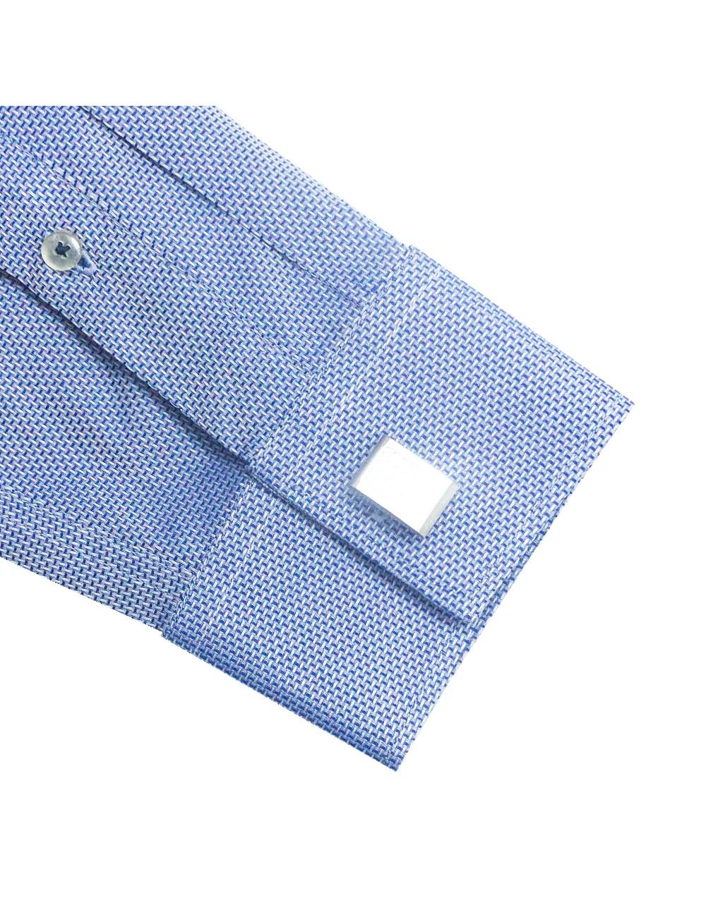 Blue Dobby Easy Iron Mandarin Removable Collar Slim Fit Long Sleeve Shirt