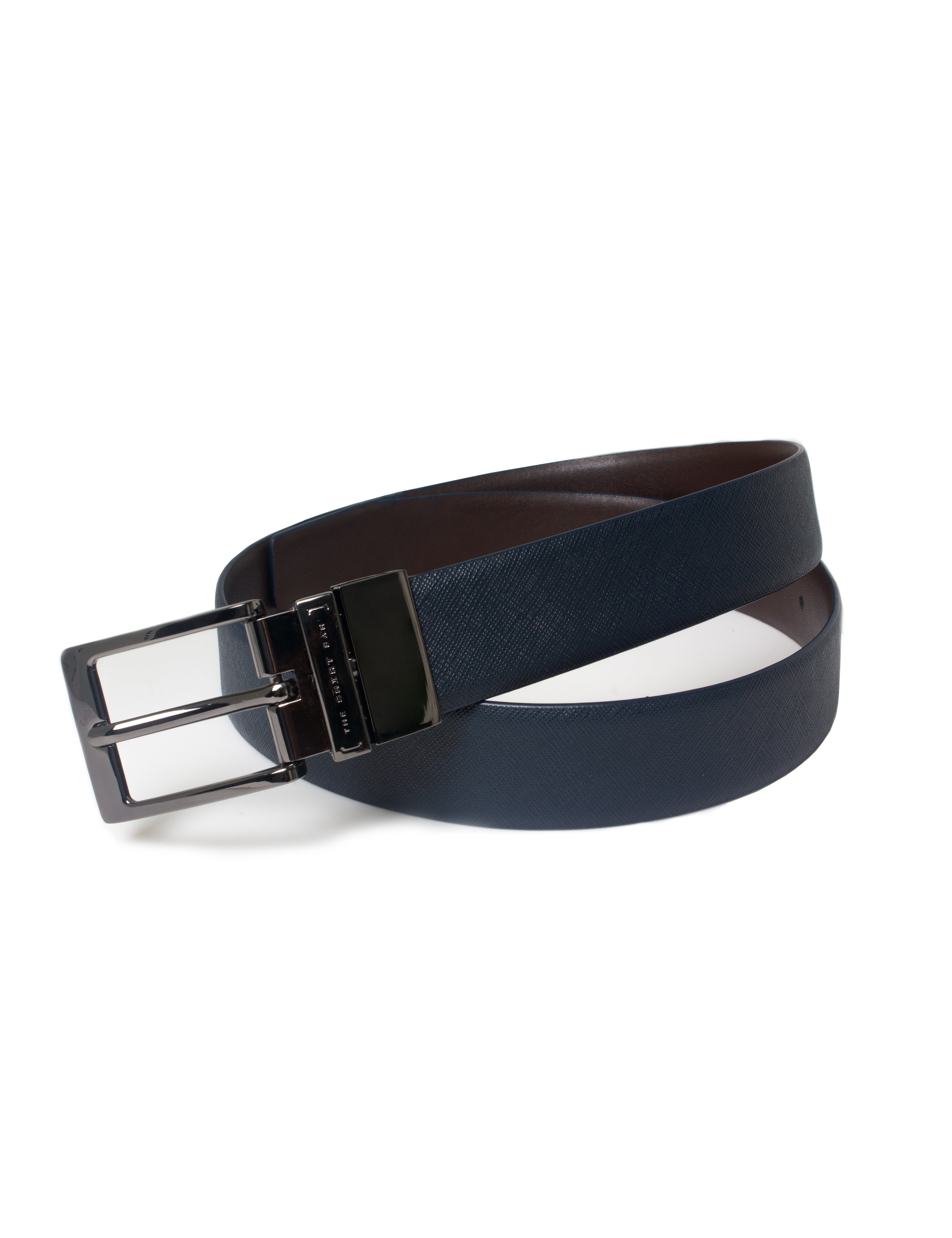 Navy Blue Crosshatch / Dark Brown Reversible Leather Belt