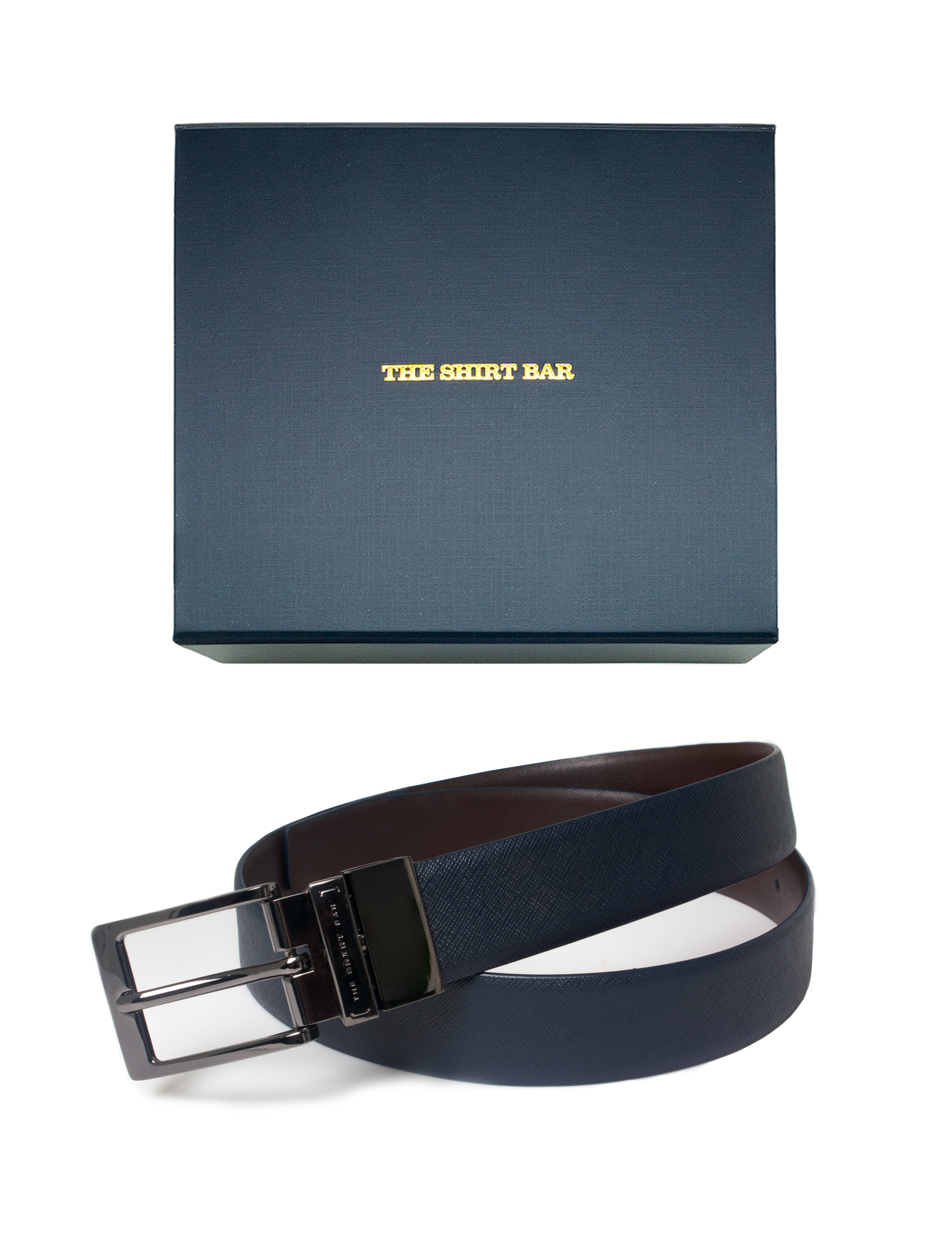 Navy Blue Crosshatch / Dark Brown Reversible Leather Belt