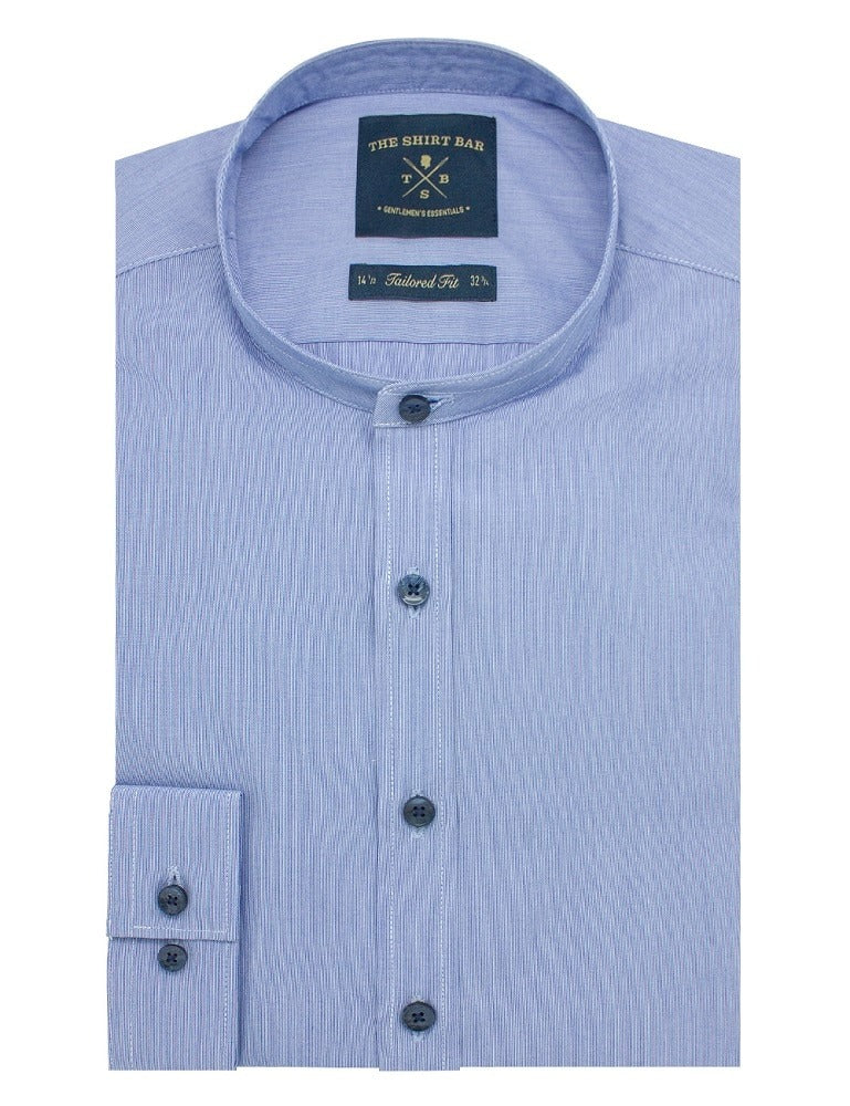 Navy and White Hairline Stripes Mandarin Collar Slim Fit Long Sleeve Shirt