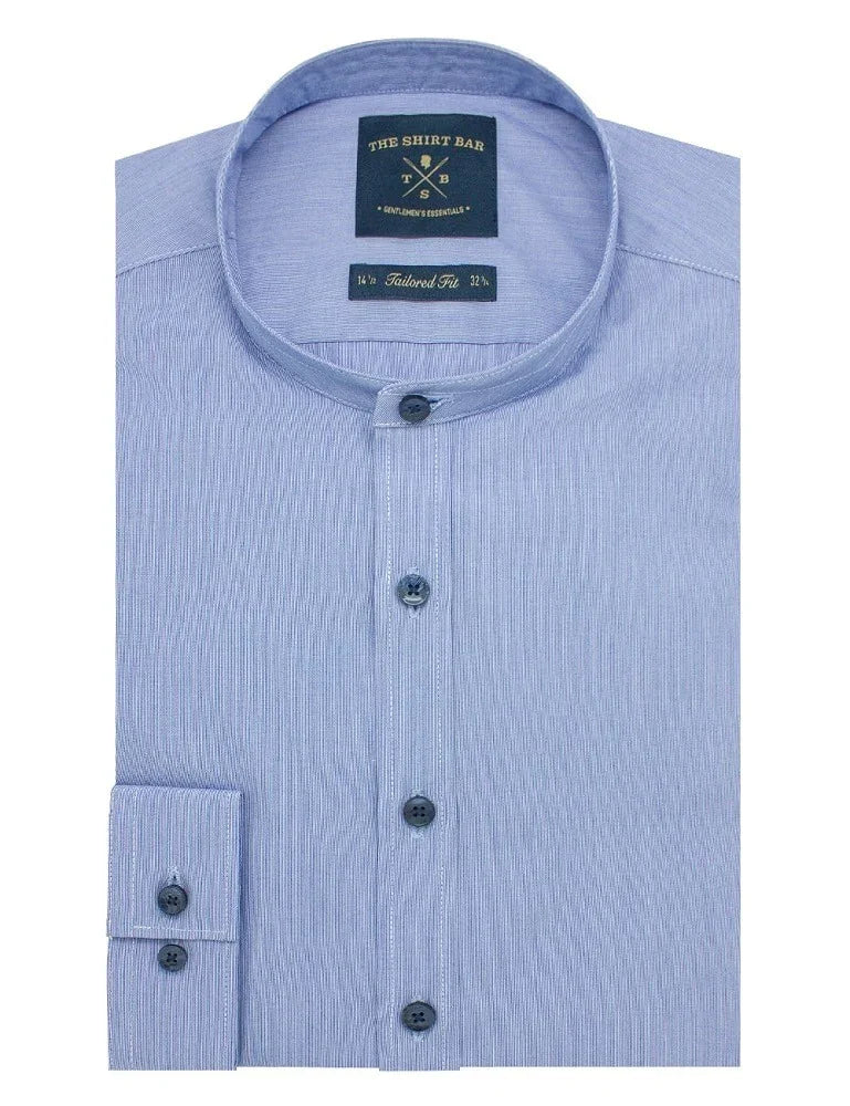 Navy and White Hairline Stripes Mandarin Collar Slim Fit Long Sleeve Shirt — The Shirt Bar