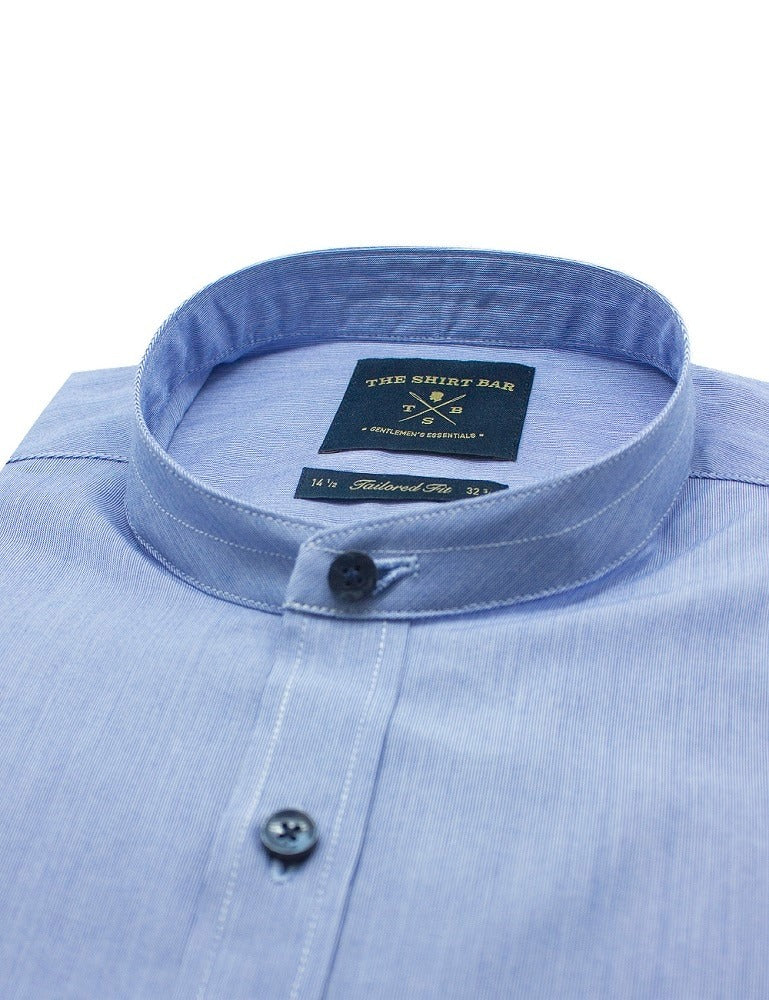 Navy and White Hairline Stripes Mandarin Collar Slim Fit Long Sleeve Shirt