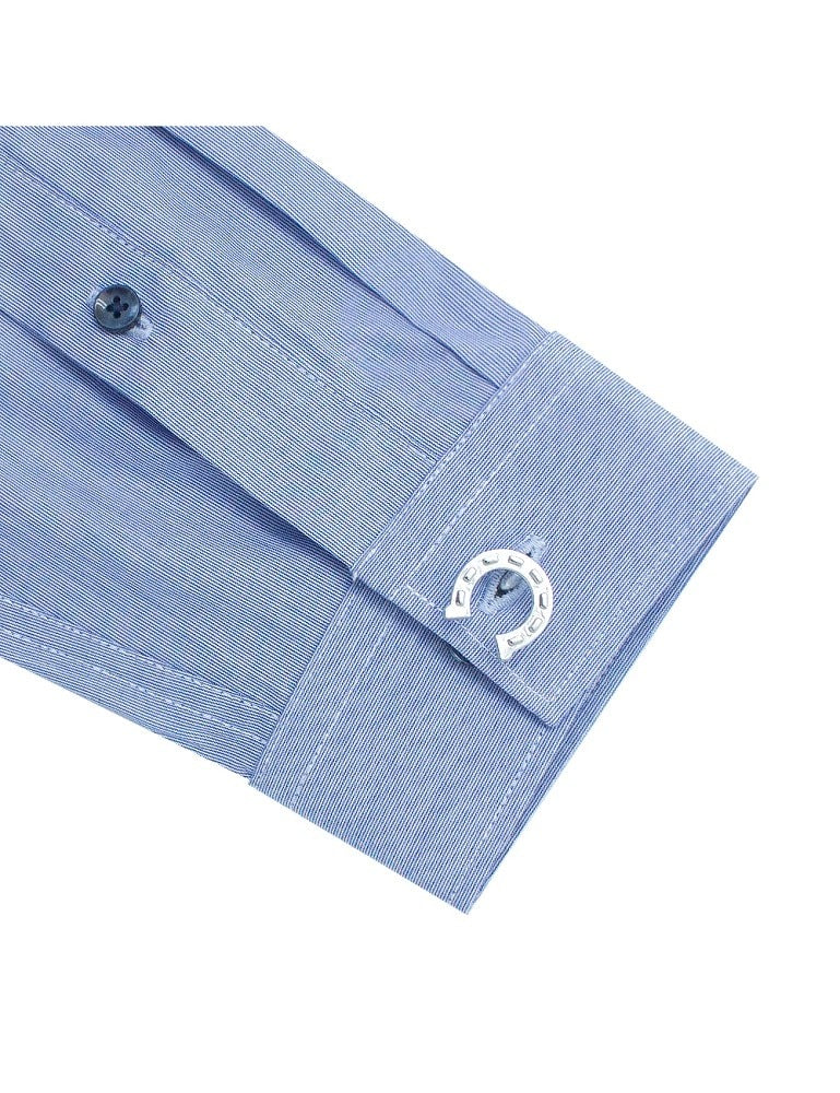 Navy and White Hairline Stripes Mandarin Collar Slim Fit Long Sleeve Shirt