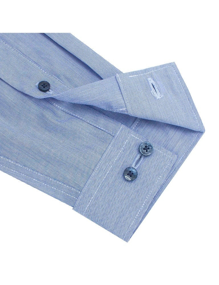 Navy and White Hairline Stripes Mandarin Collar Slim Fit Long Sleeve Shirt