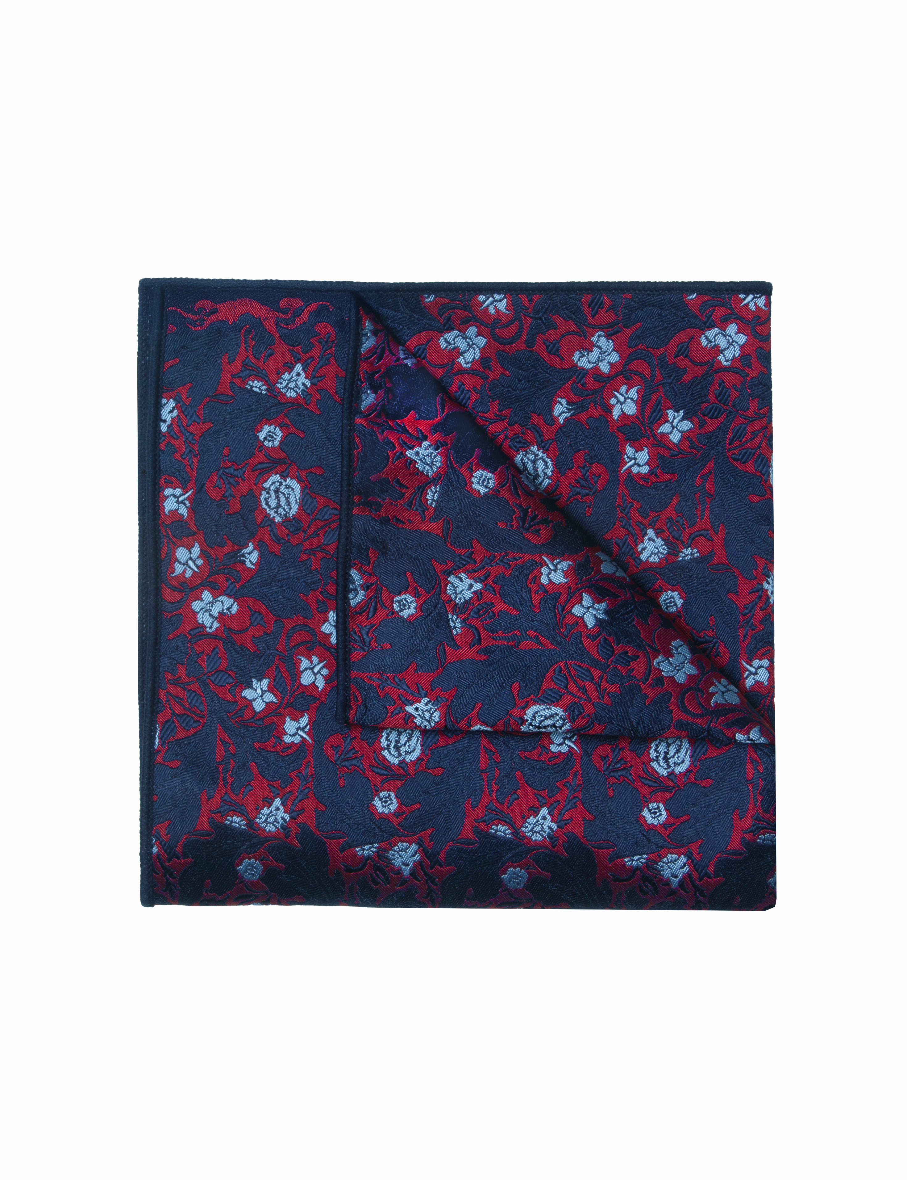 Red with Navy Blue Floral Pattern Woven Pocket Square