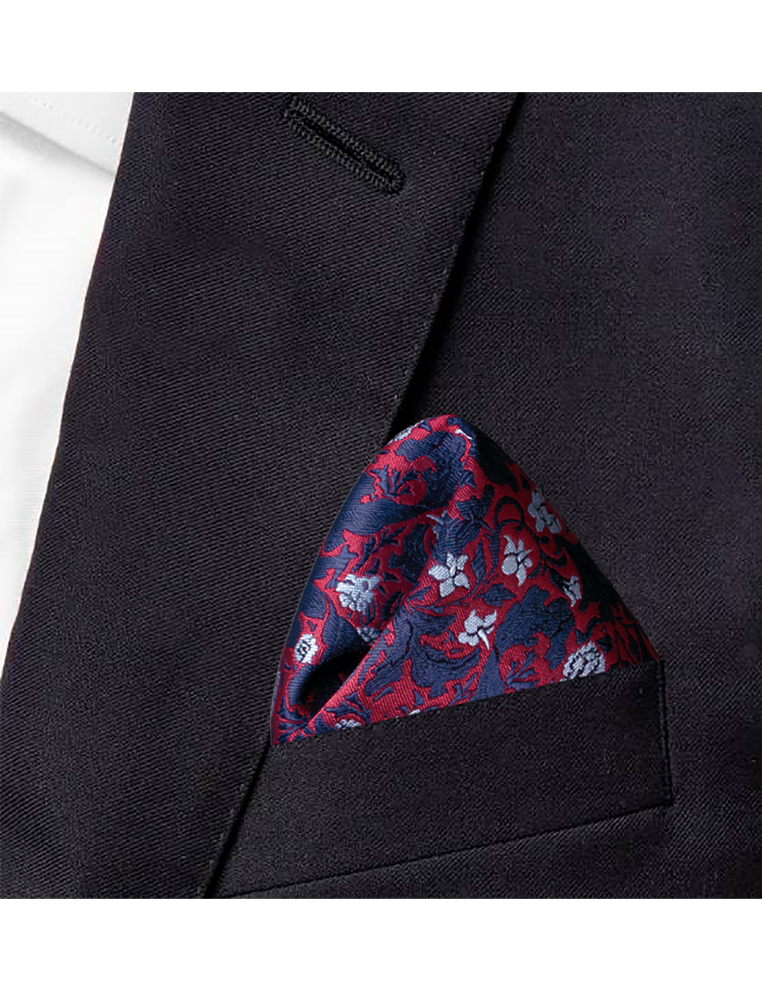 Red with Navy Blue Floral Pattern Woven Pocket Square