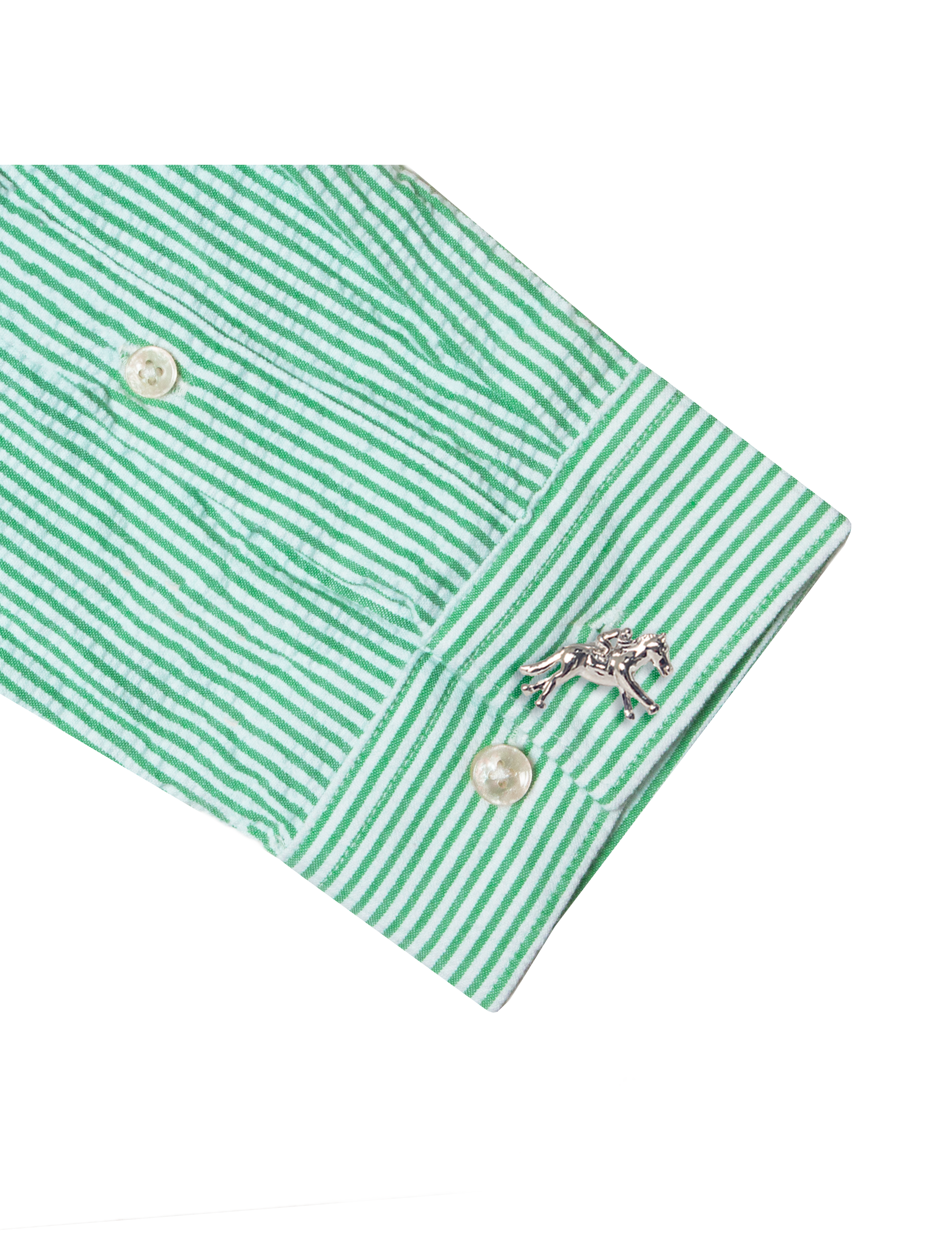 Green Stripes Seersucker Mandarin Collar Relaxed Fit Shirt