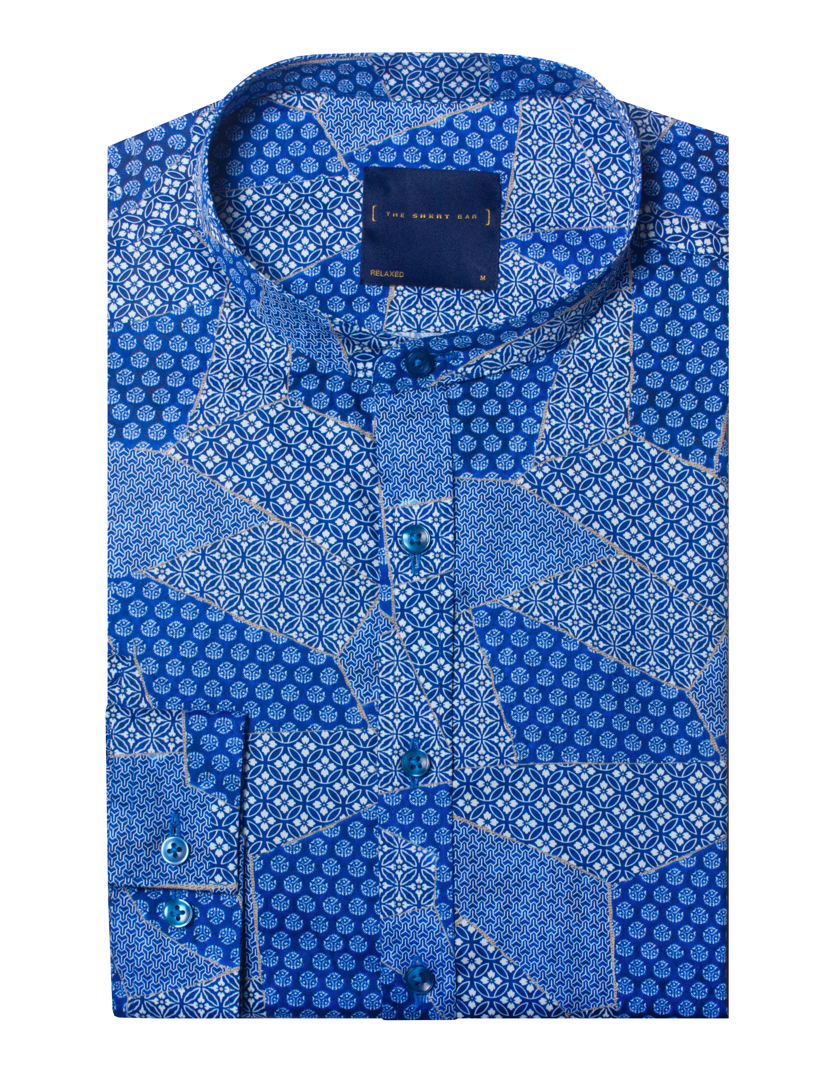 Blue Geometric Floral Print Silky Finish Relaxed Fit Shirt — The Shirt Bar