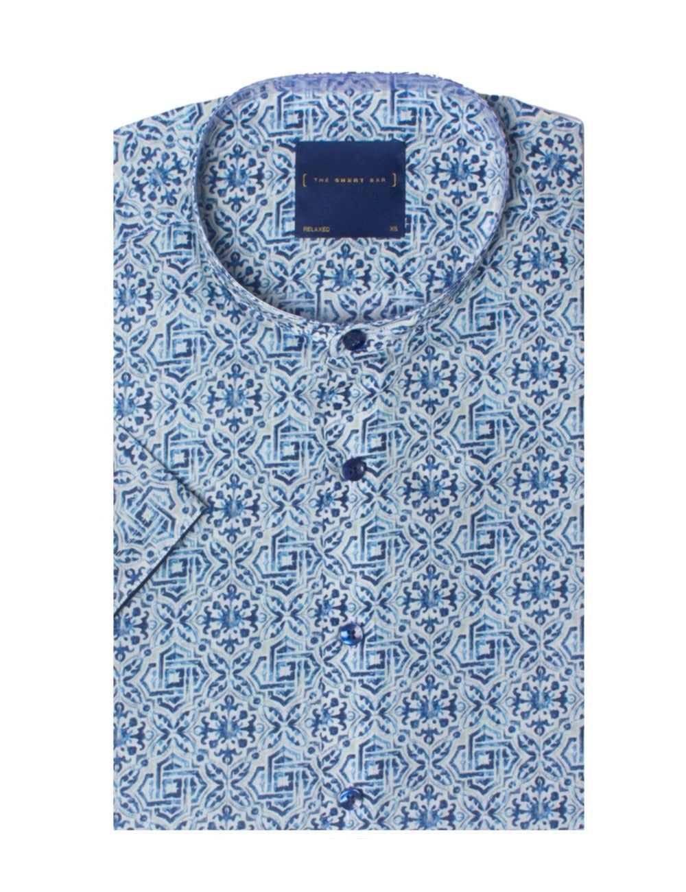 Print Mandarin Collar Relaxed Fit Short Sleeve Shirt