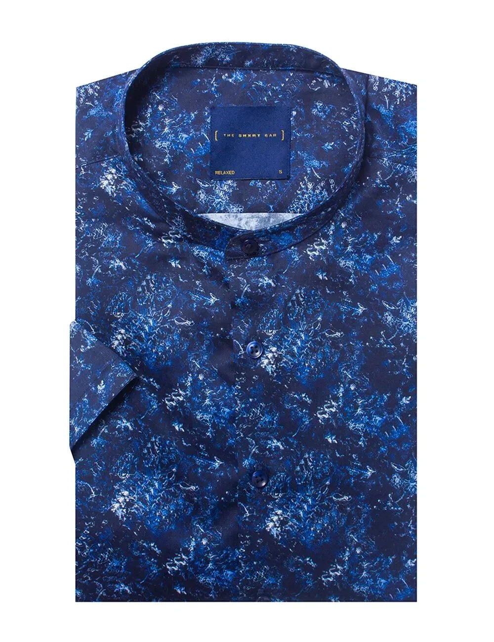 Navy Blue Flower Abstract Digital Print With Silky Finish Relaxed Fit Mandarin Collar Short Sleeve Shirt — The Shirt Bar