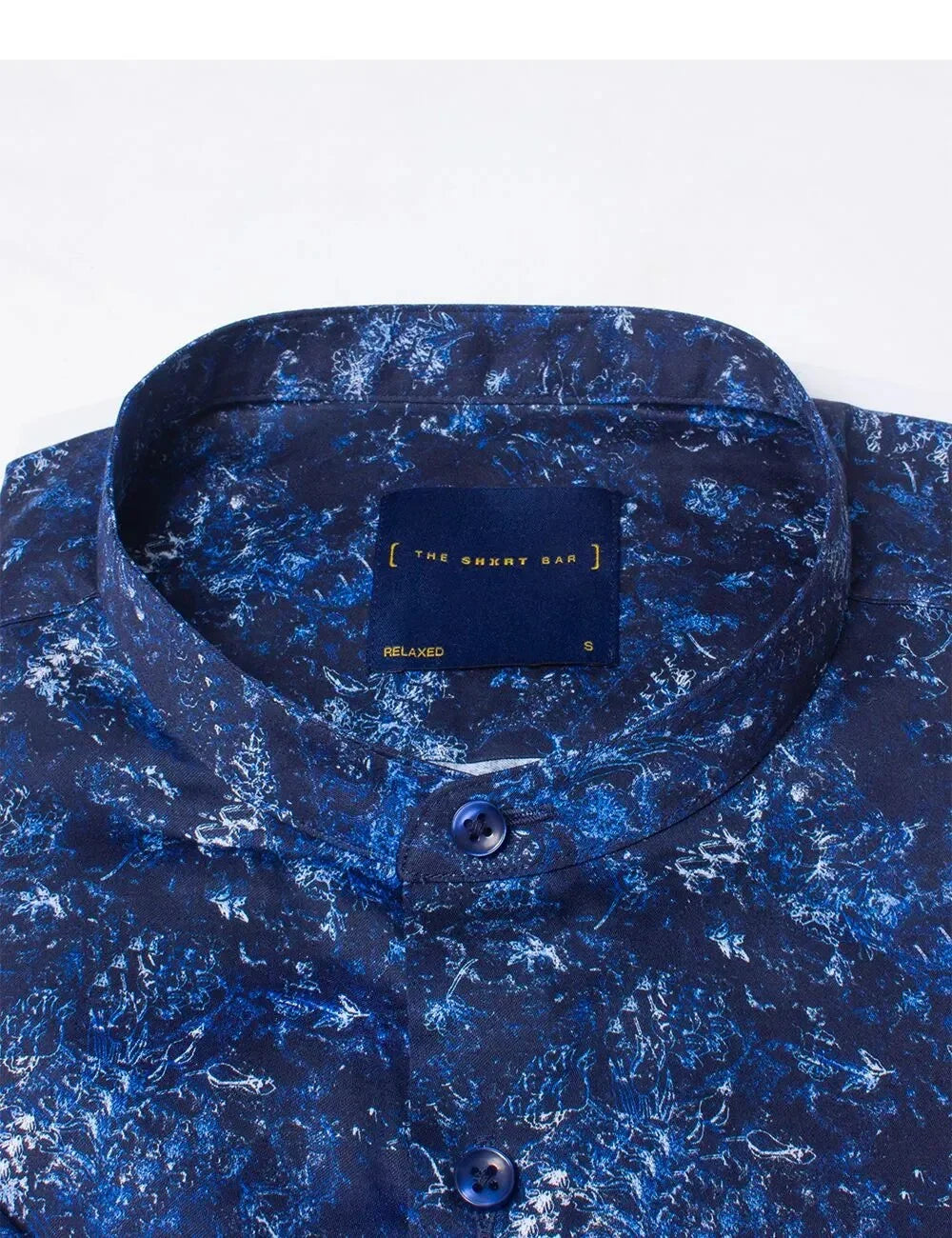Navy Blue Flower Abstract Digital Print With Silky Finish Relaxed Fit Mandarin Collar Short Sleeve Shirt — The Shirt Bar