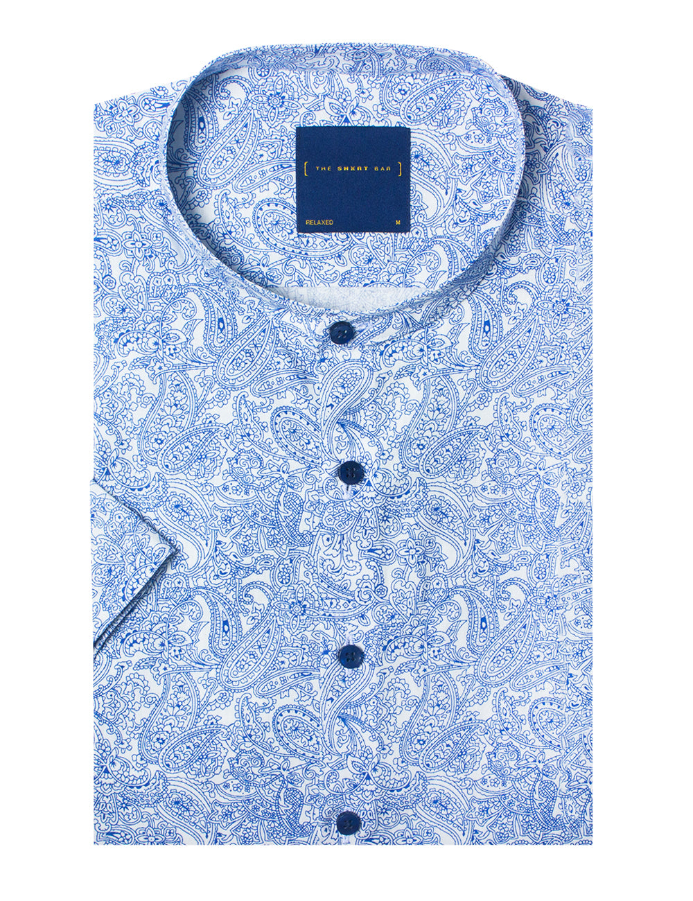 Blue Paisley Print Mandarin Collar Short Sleeve Relaxed Fit Shirt