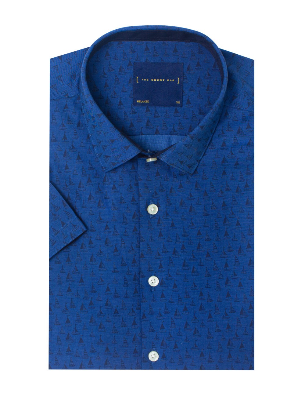 Navy Blue with Black Sail Boat Print Relaxed Fit Short Sleeve Shirt