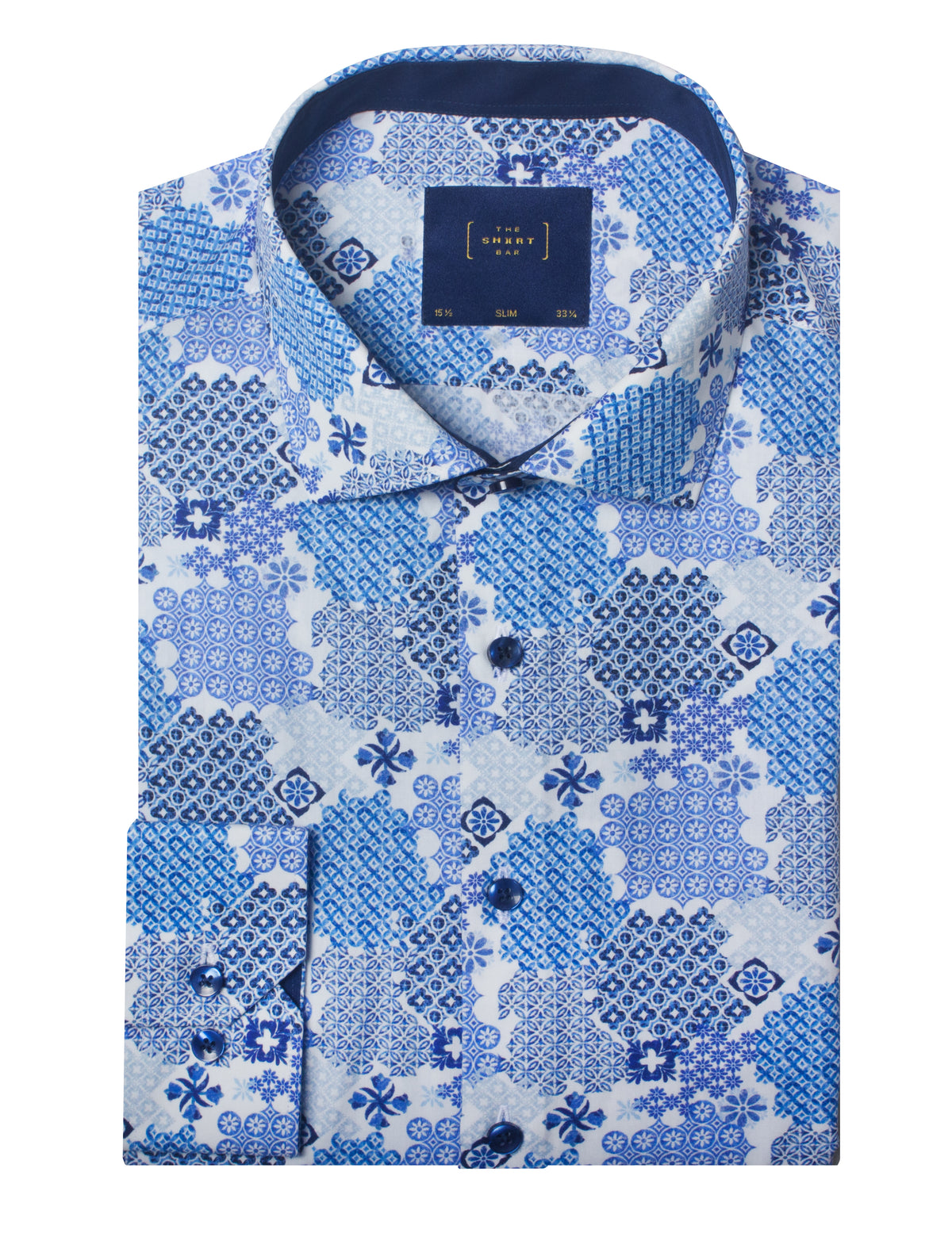 Blue Peranakan Print Italian Fabric Silky Finish Slim Fit Shirt