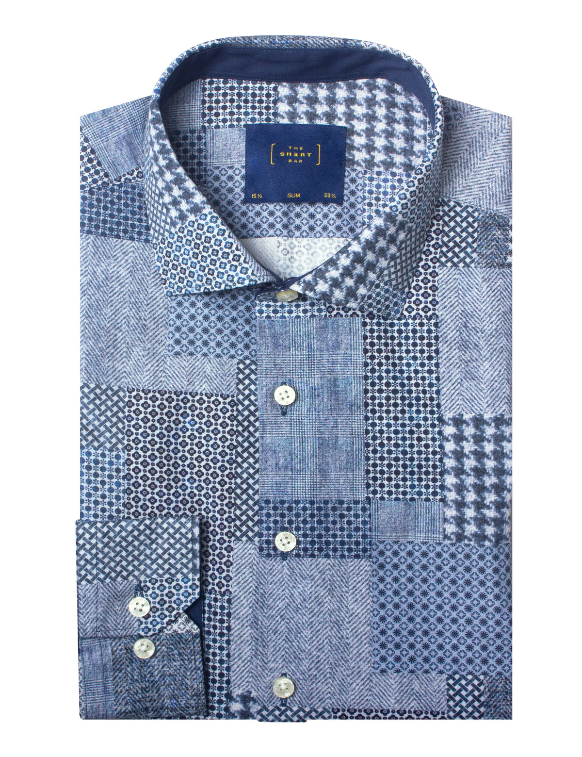 Navy Blue Patchwork Print Italian Fabric Silky Finish Slim Fit Shirt