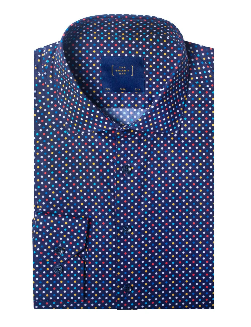 Navy Polka Dots Print Slim Fit Silky Finish Shirt — The Shirt Bar