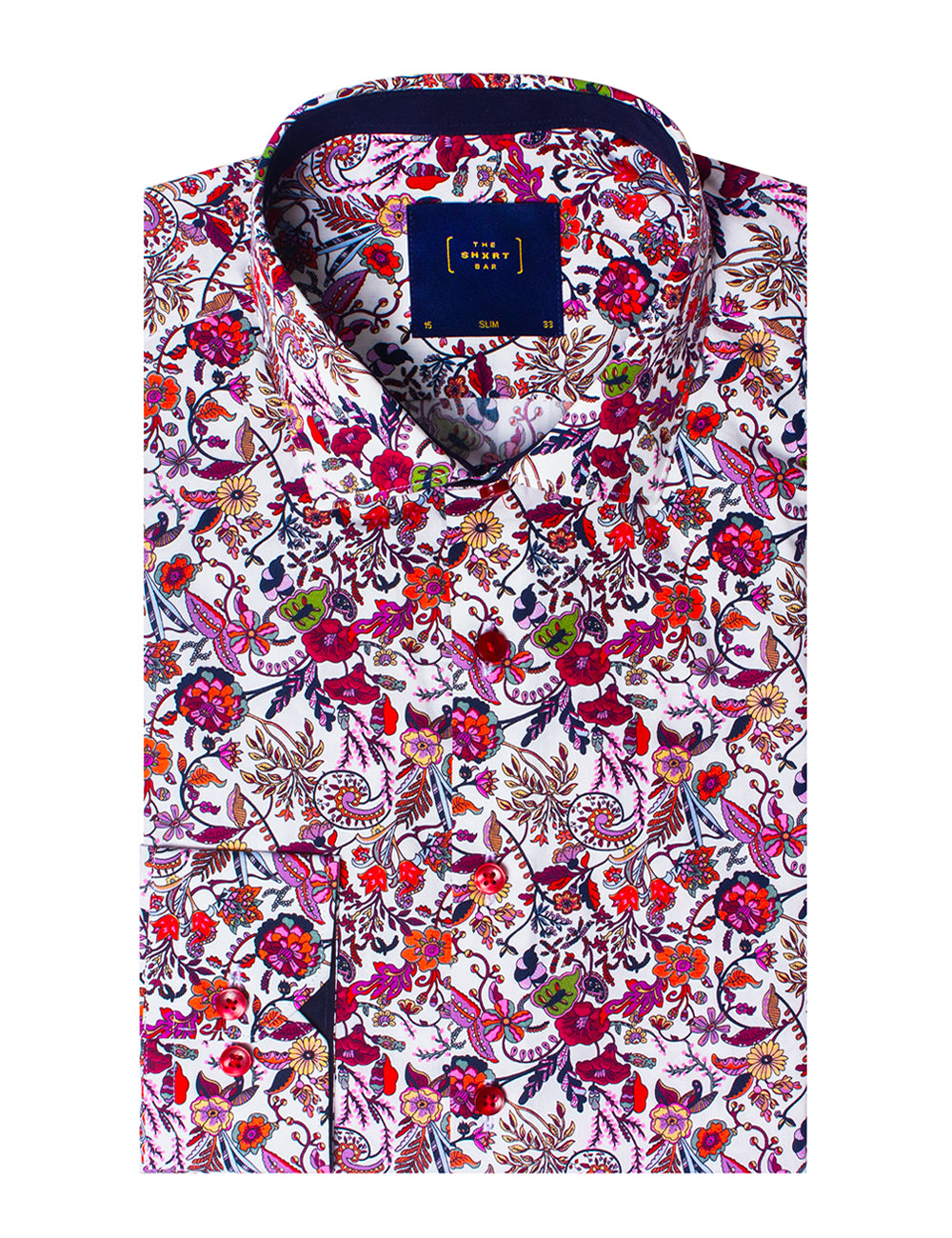 White with Red Floral Print Italian Fabric Silky Finish Slim Fit Shirt