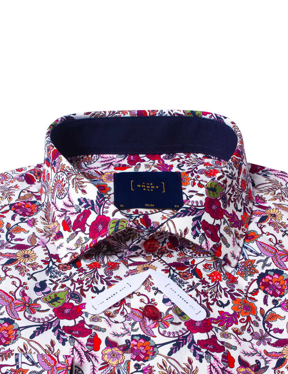 White with Red Floral Print Italian Fabric Silky Finish Slim Fit Shirt