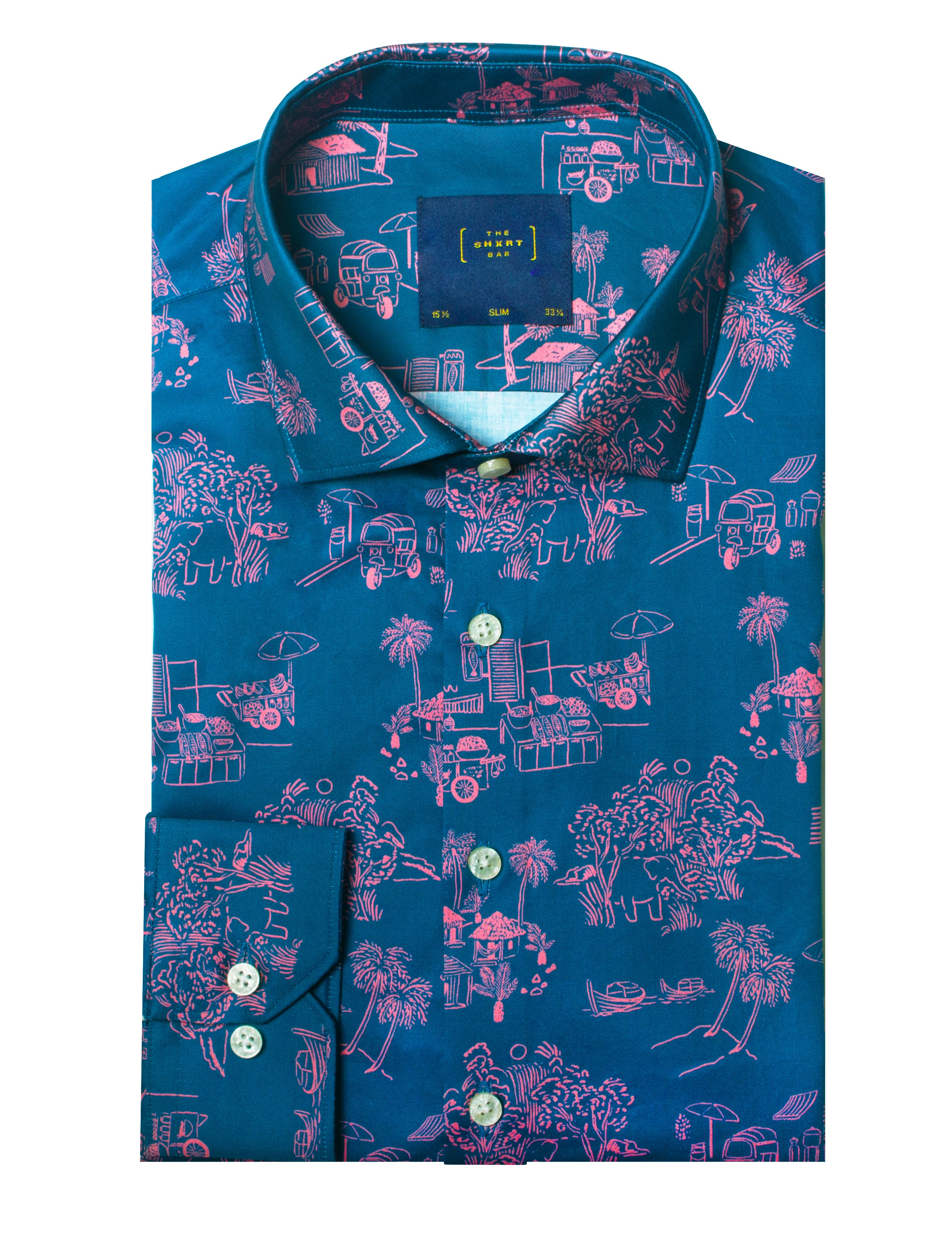 Turquoise with Pink Print Silky Finish Slim Fit Shirt