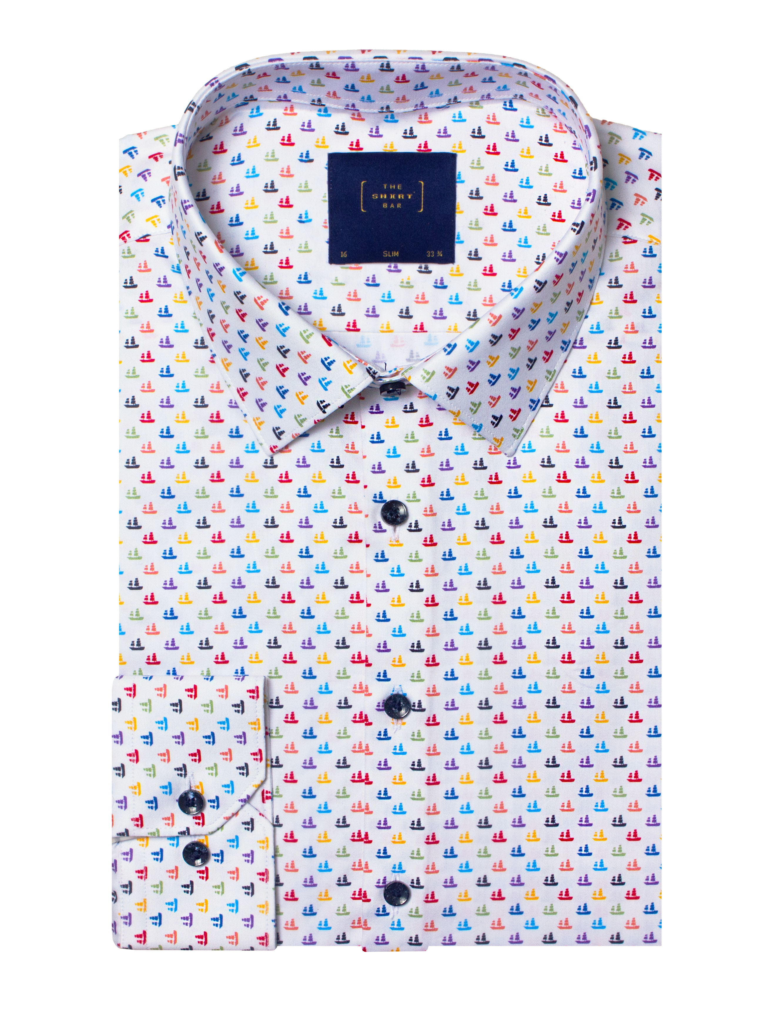 White Junk Boat Print Silky Finish Slim Fit Shirt