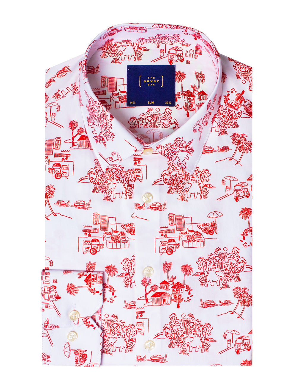White with Red Village Print Silky Finish Slim Fit Shirt