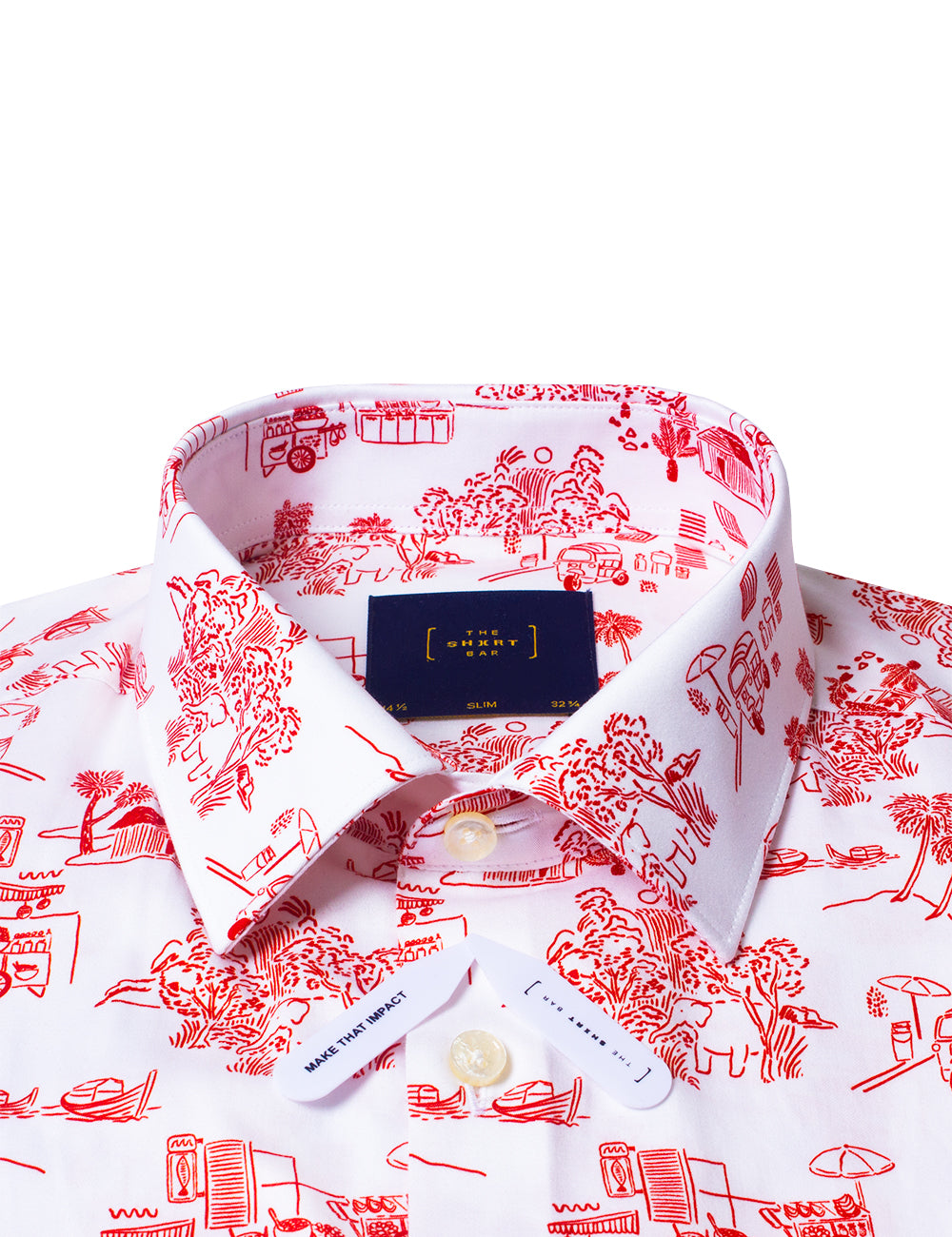 White with Red Village Print Silky Finish Slim Fit Shirt