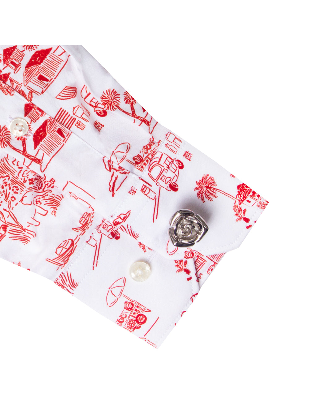 White with Red Village Print Silky Finish Slim Fit Shirt
