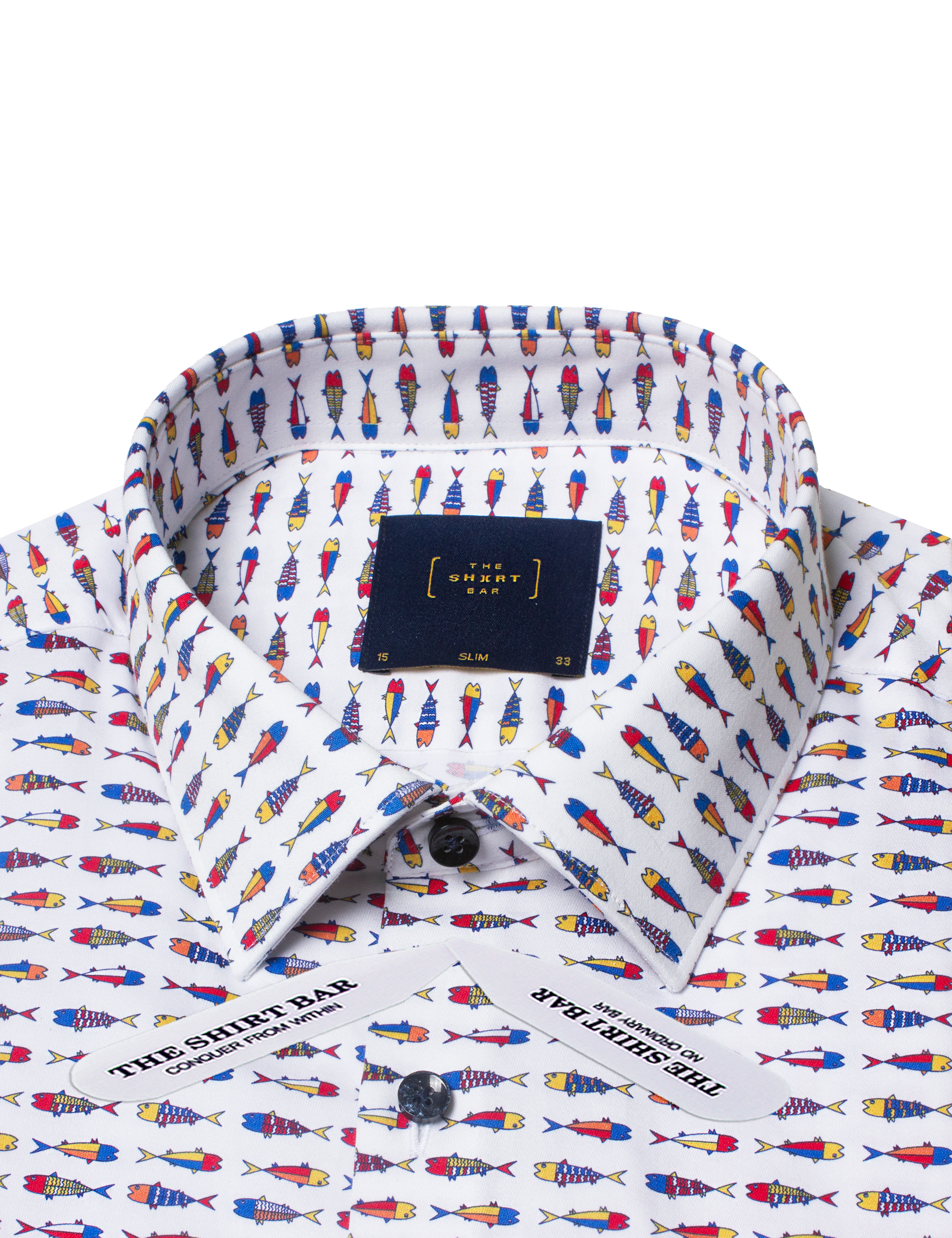 White with Multi-Colour Fish Print Silky Finish Slim Fit Shirt — The Shirt Bar