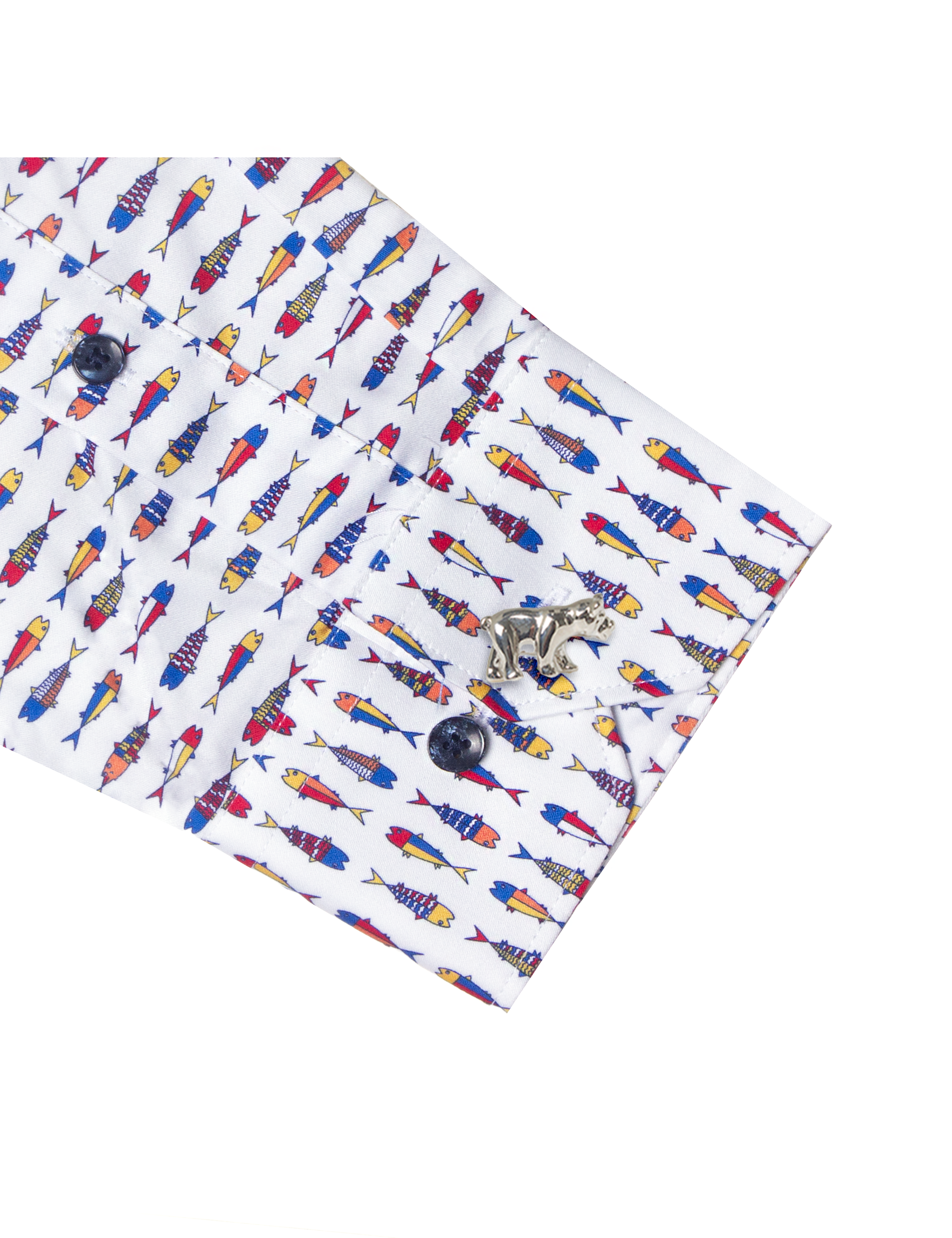 White with Multi-Colour Fish Print Silky Finish Slim Fit Shirt