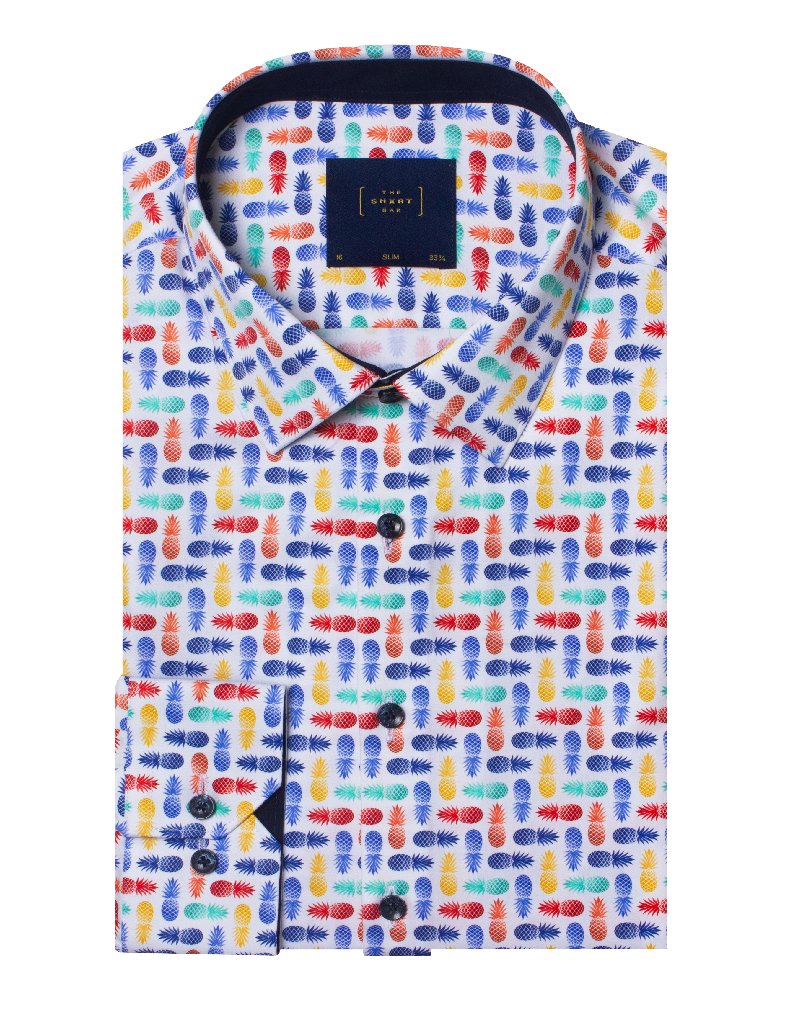 White with Multi-Colour Pineapple Print Silky Finish Slim Fit Shirt