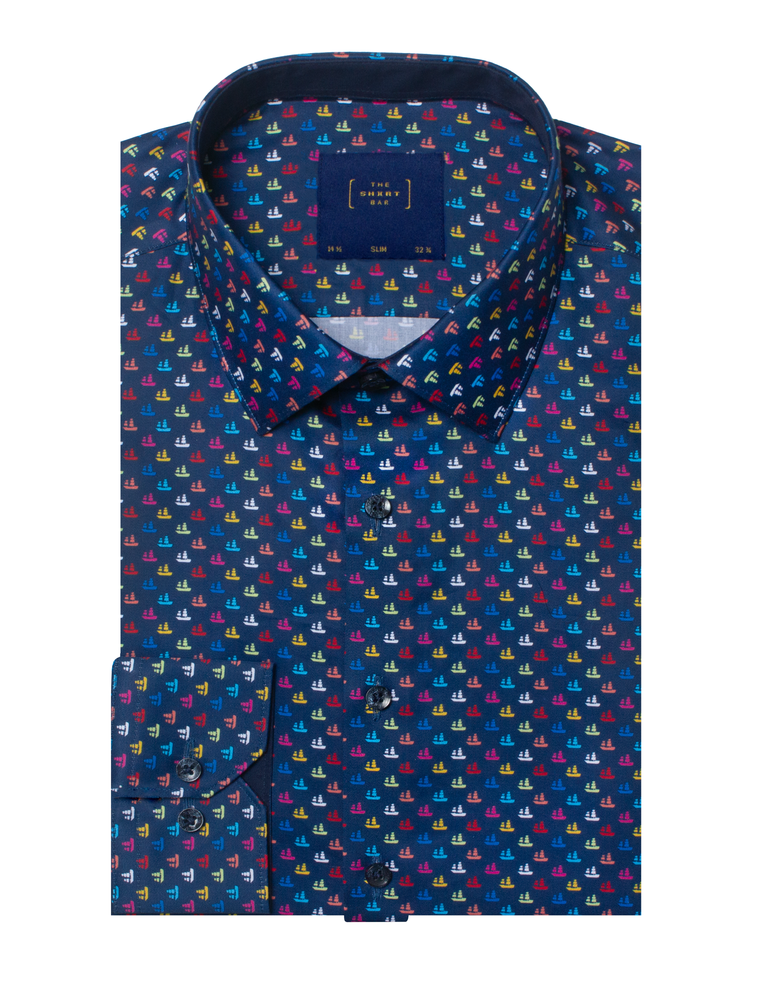 Navy Blue Junk Boat Print Silky Finish Slim Fit Shirt