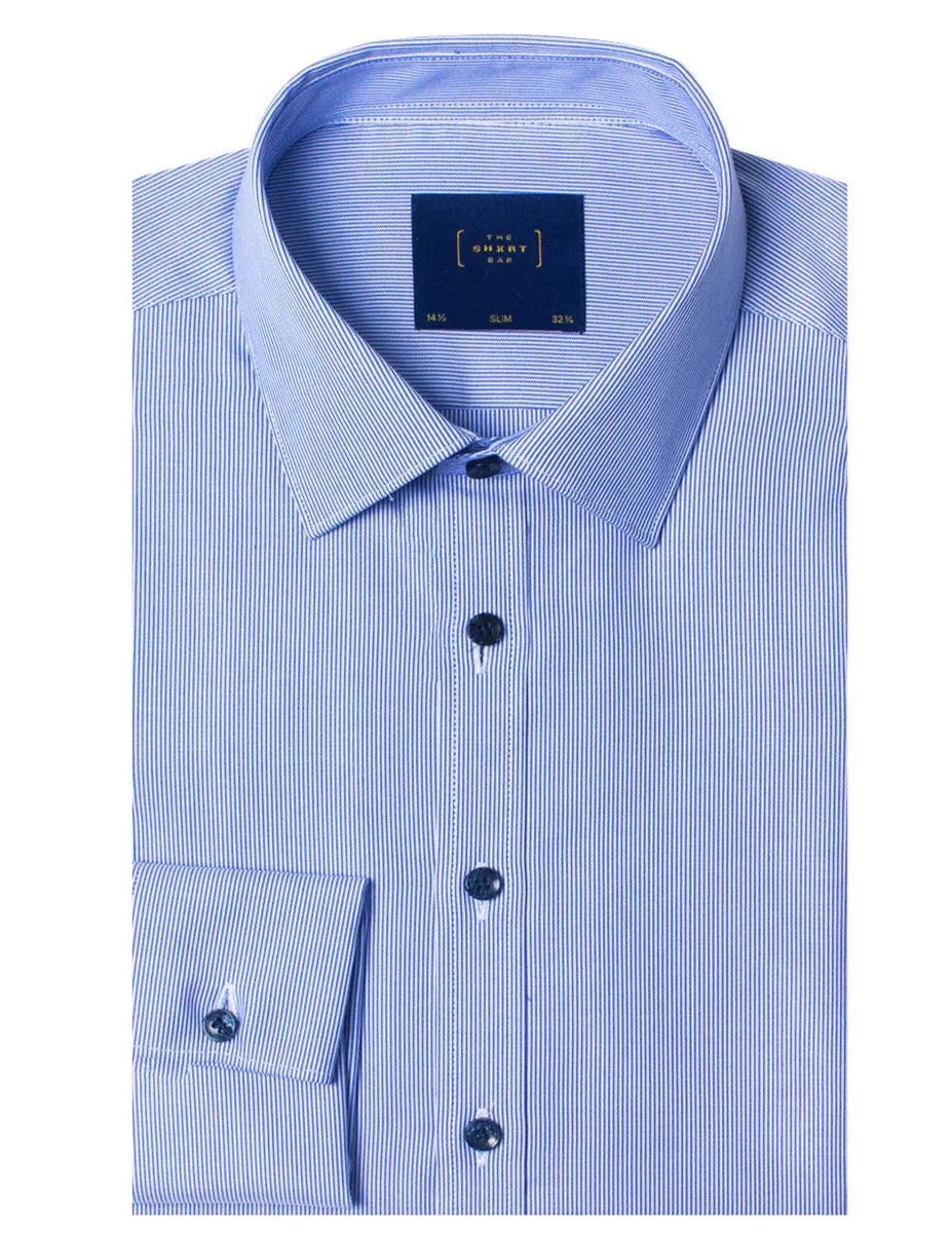 Navy Blue Stripes Wrinkle Free Double Cuff Slim Fit Shirt — The Shirt Bar