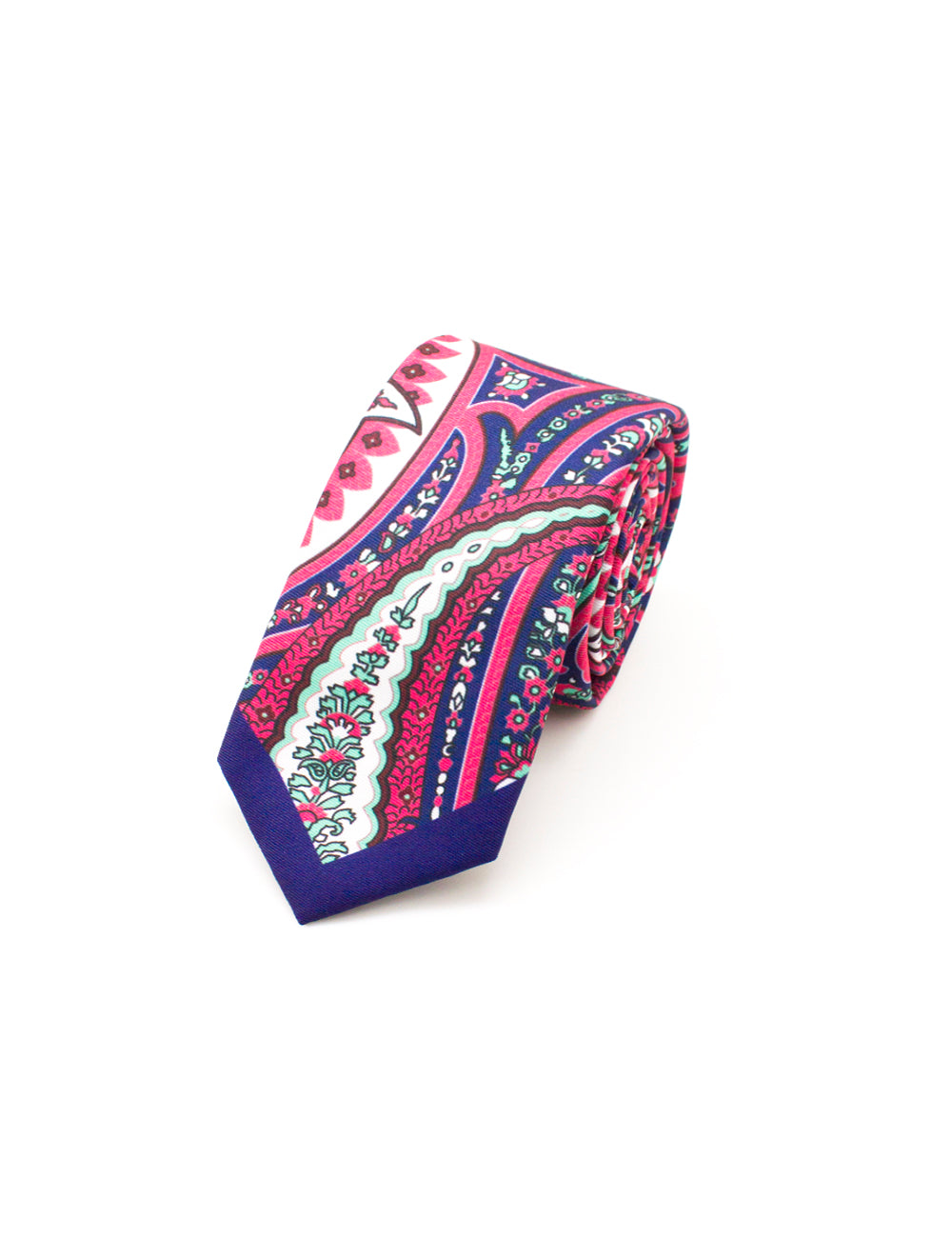 Navy with Pink and Green Paisley Print Woven Necktie