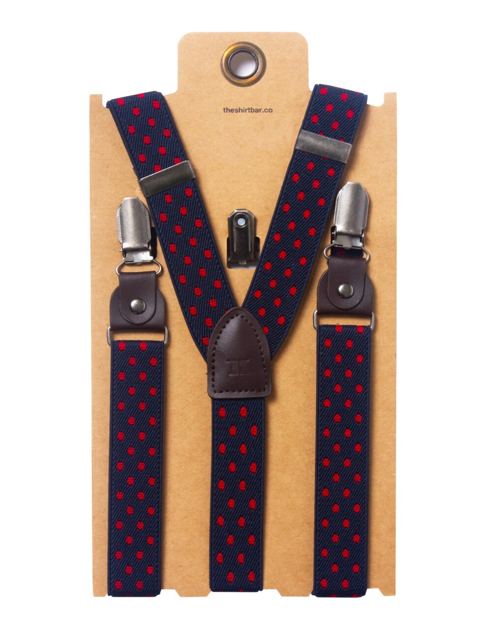 Navy/ Red Dots Single Back Clip 2.5cm Suspender with Leather