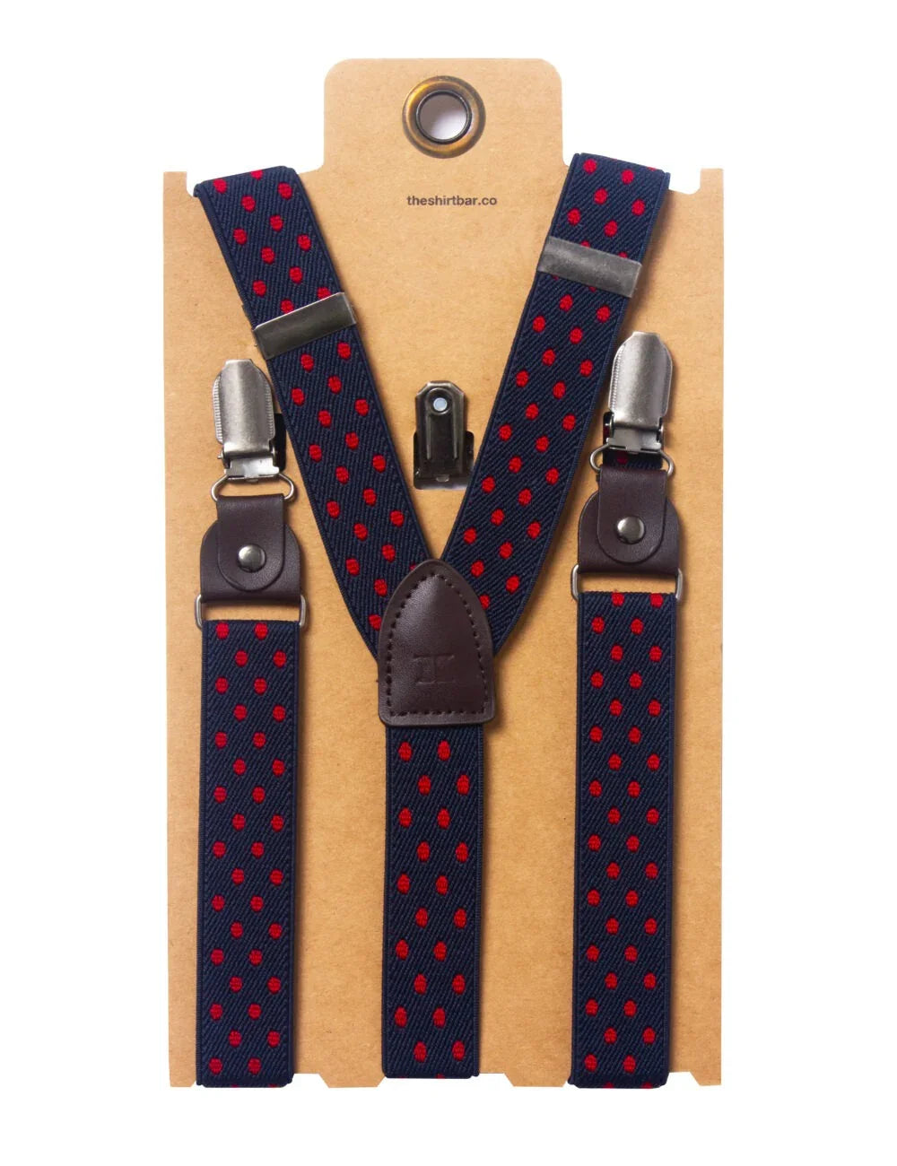 Navy/ Red Dots Single Back Clip 2.5cm Suspender with Leather — The Shirt Bar