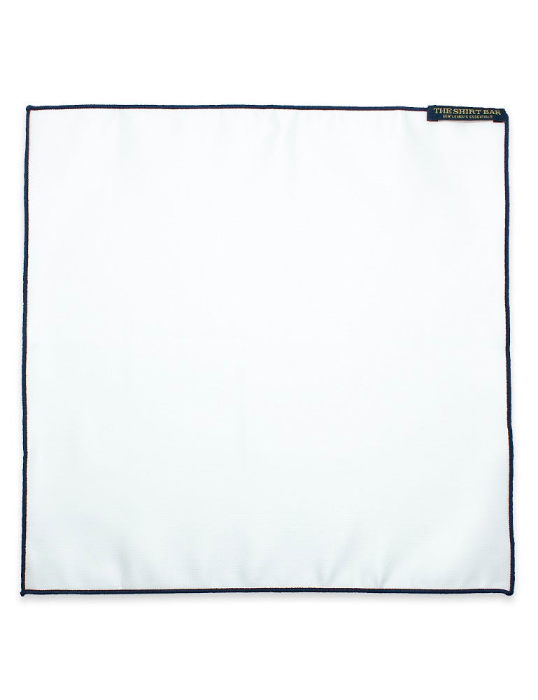 Solid White Woven Pocket Square with Navy Blue Trim