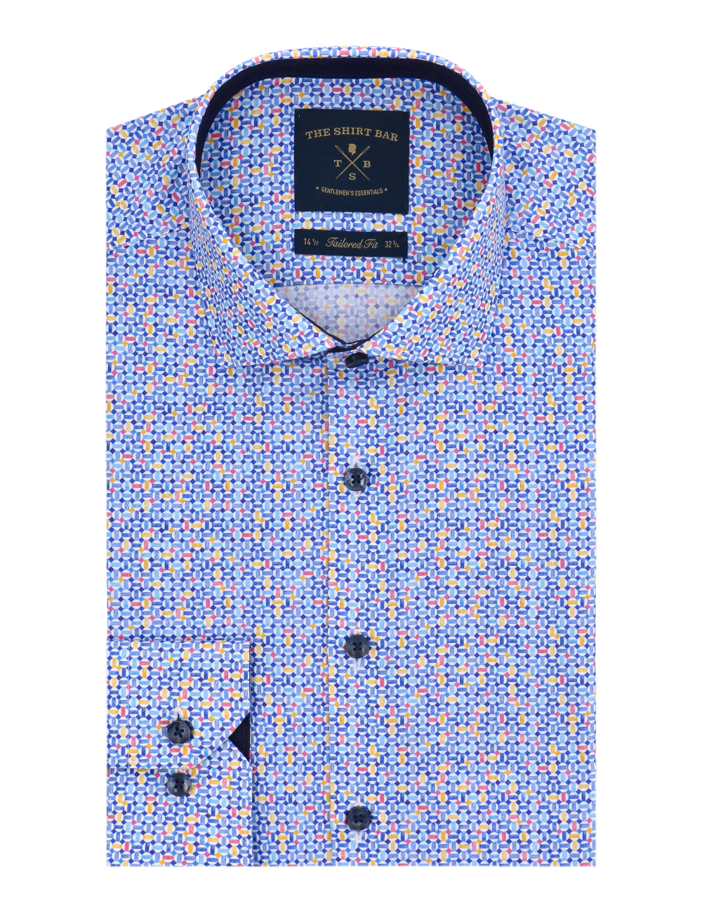 Blue Geometric Print Italian Fabric Silky Tailored Fit Finish