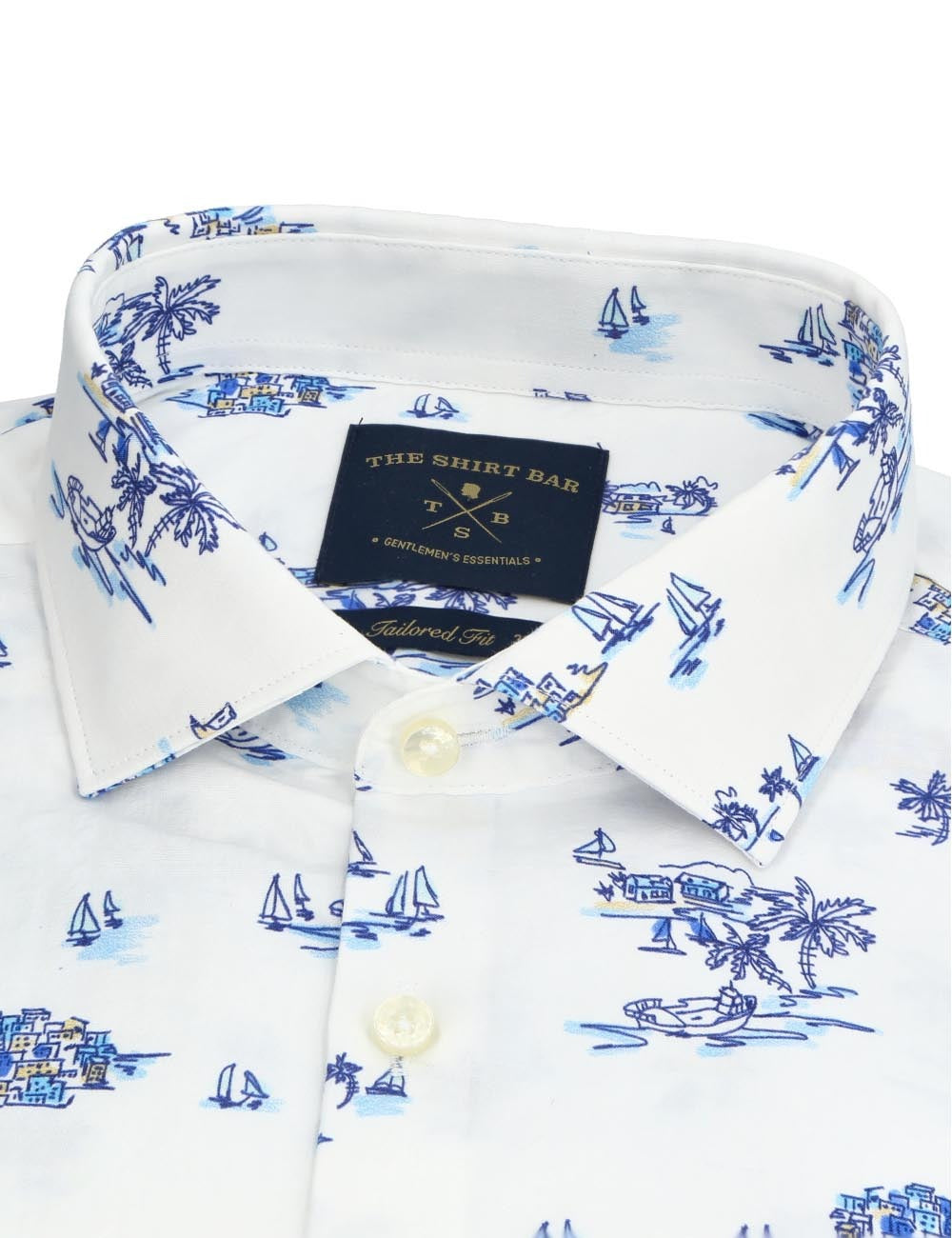 Blue Sailboat Digital Print Italian Fabric with Silky Finish Slim Fit Long Sleeve shirt