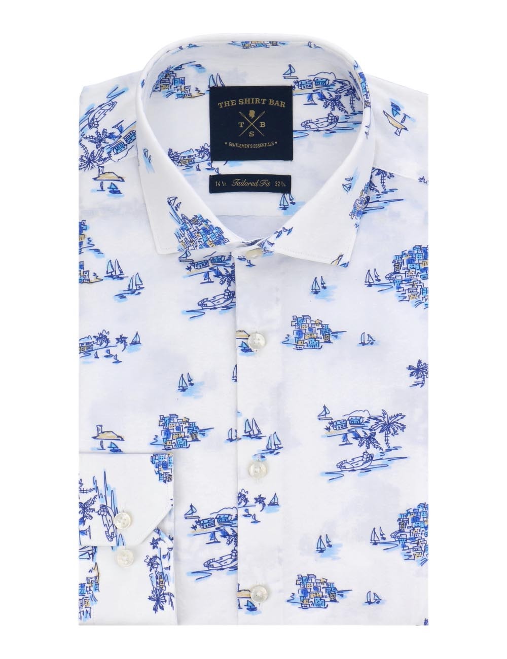 Blue Sailboat Digital Print Italian Fabric with Silky Finish Slim Fit Long Sleeve shirt