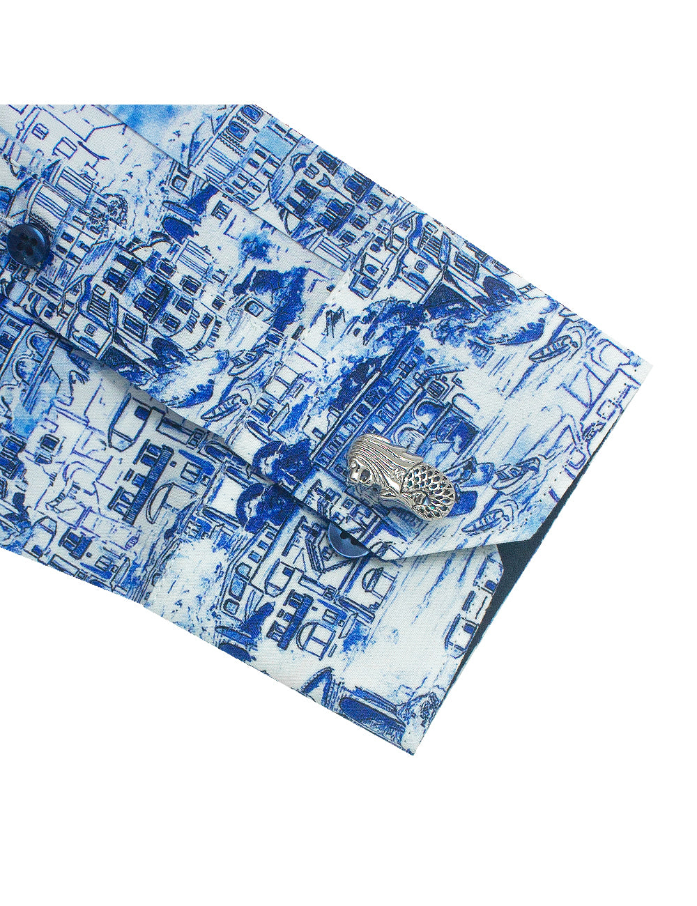 Singapore Collection: Blue Colonial Italian Print Slim Fit Long Sleeve Shirt