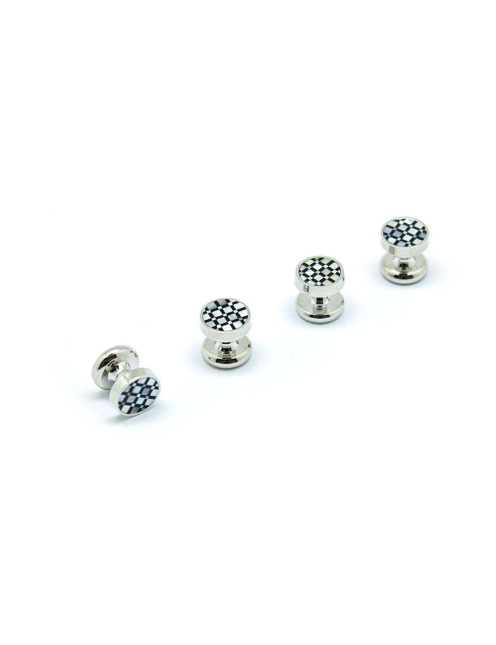 White Pearl and Black Enamel Checks in Silver Tuxedo Studs Set