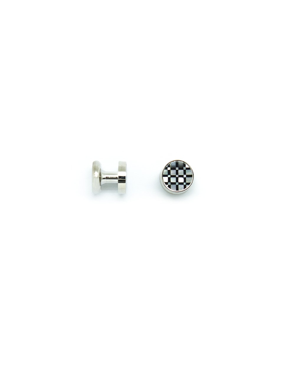 White Pearl and Black Enamel Checks in Silver Tuxedo Studs Set