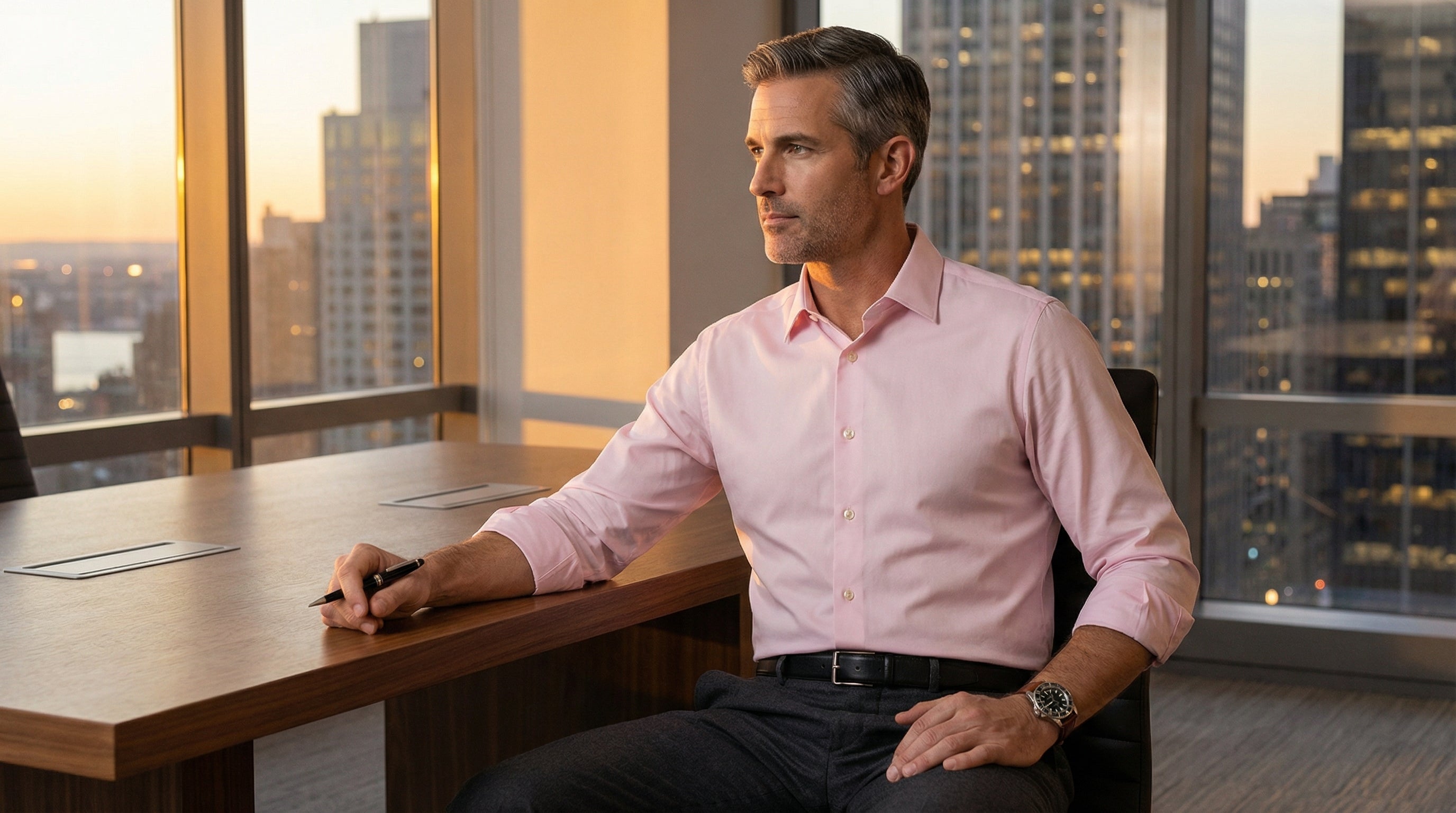 Man sitting at a desk in an office with a cityscape view