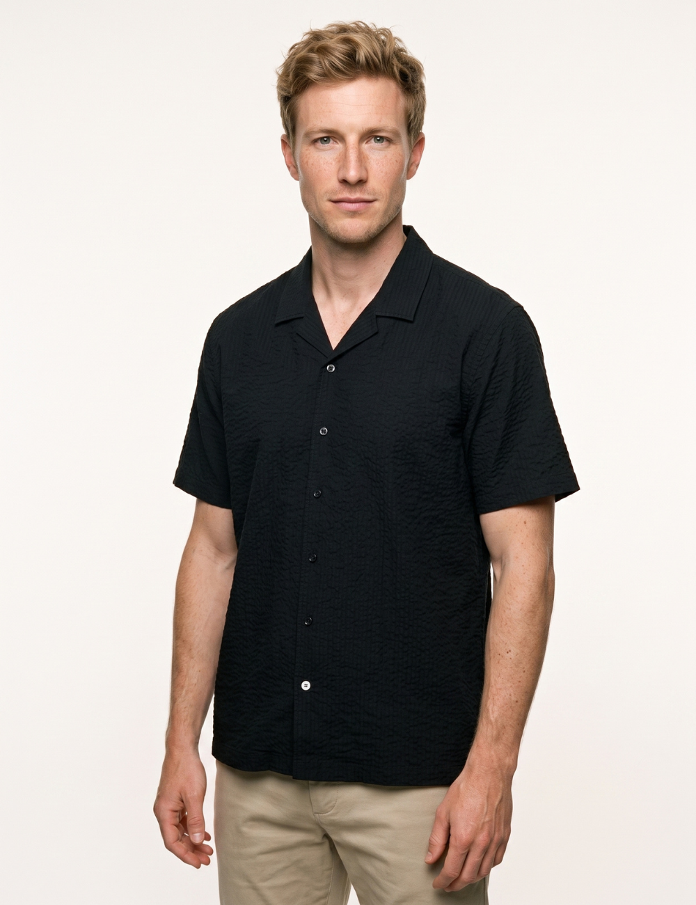 Solid Seersucker Relaxed Fit Camp Collar Shirt