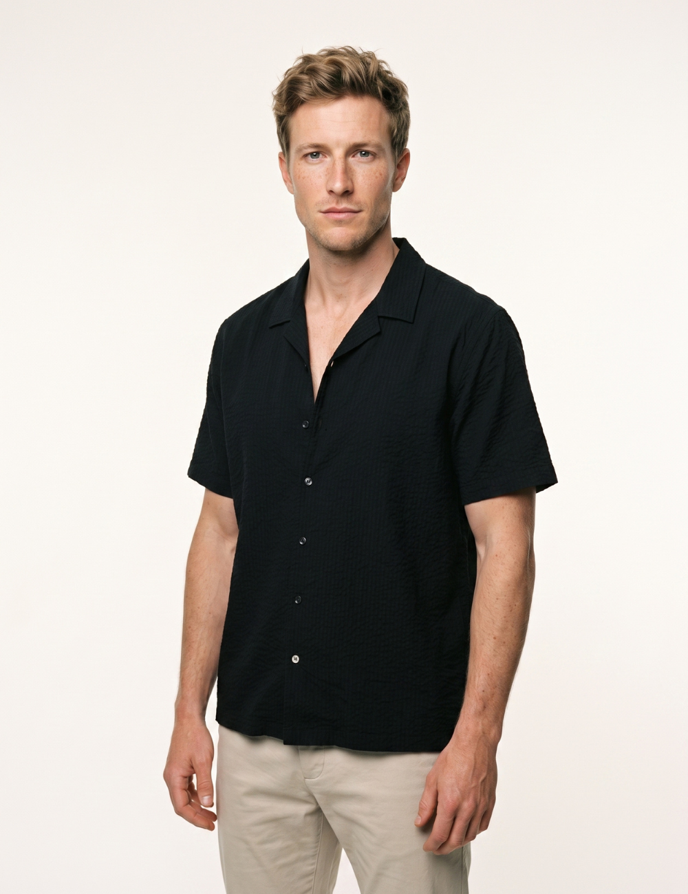 Solid Seersucker Relaxed Fit Camp Collar Shirt