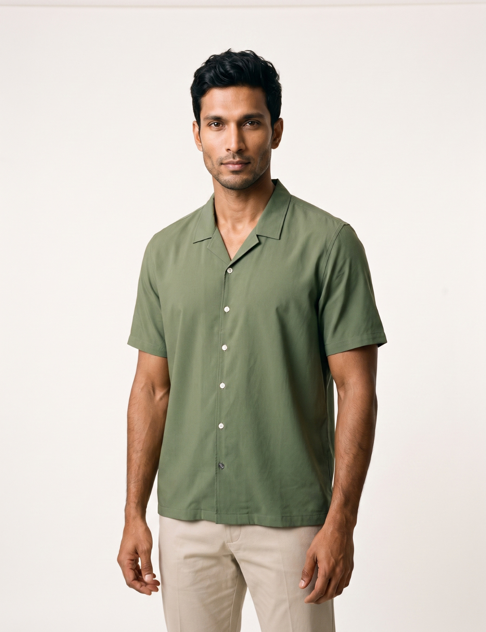 Solid Relaxed Fit Camp Collar Shirt