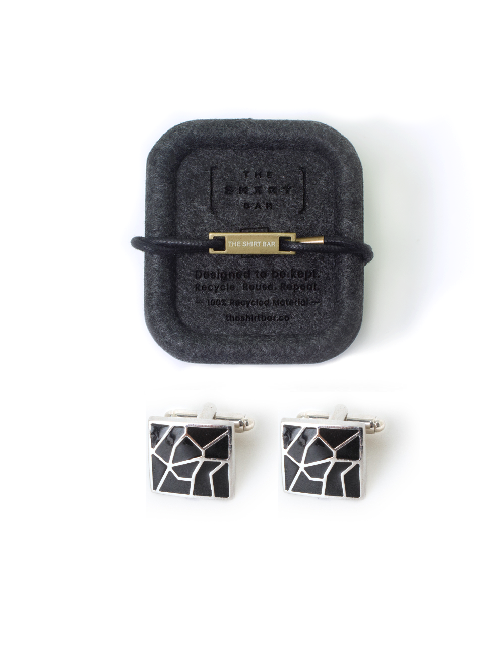 Square Black Enamel with Silver Pattern Cufflink