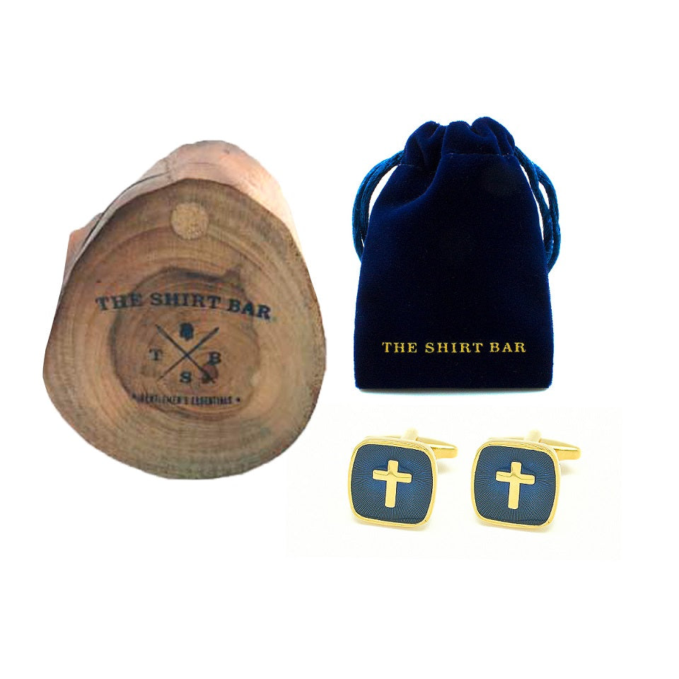 Gold Cross in Navy Enamel Square Cufflink