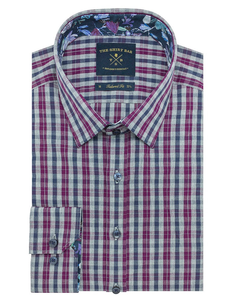 Pink / Grey / Navy Checks Slim Fit Long Sleeve Shirt