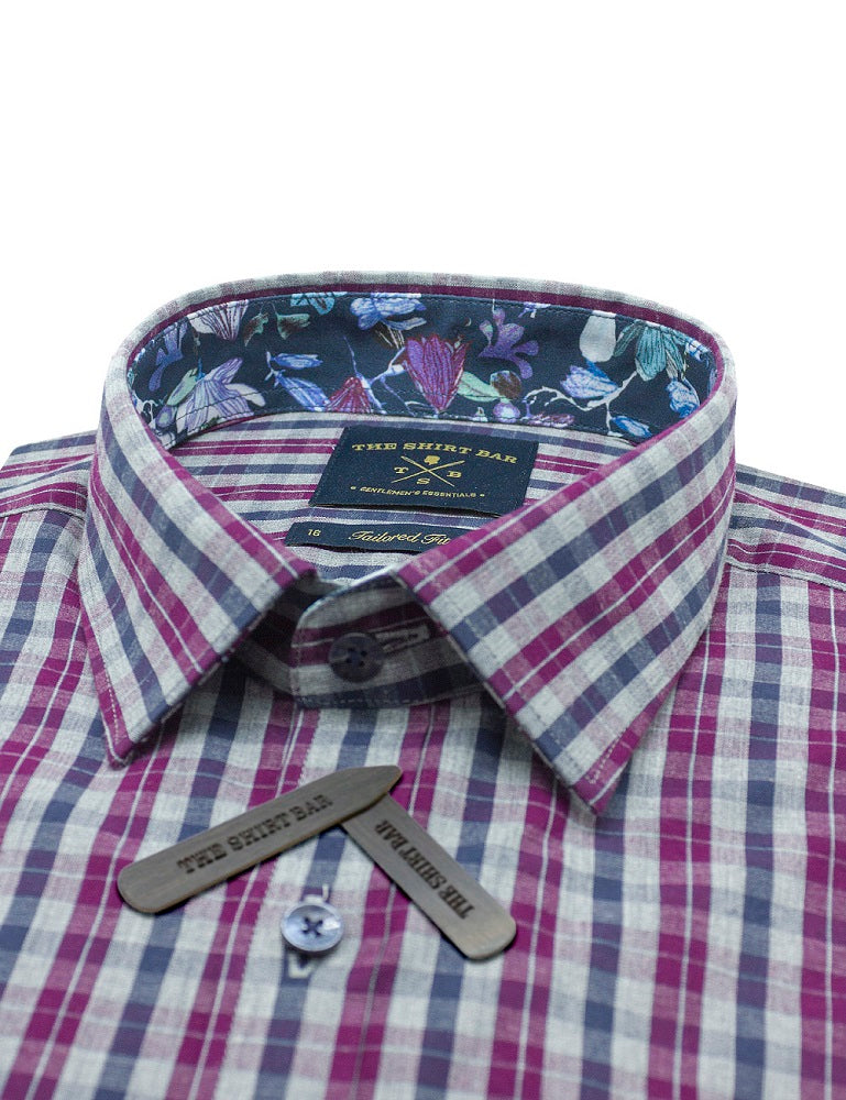 Pink / Grey / Navy Checks Slim Fit Long Sleeve Shirt